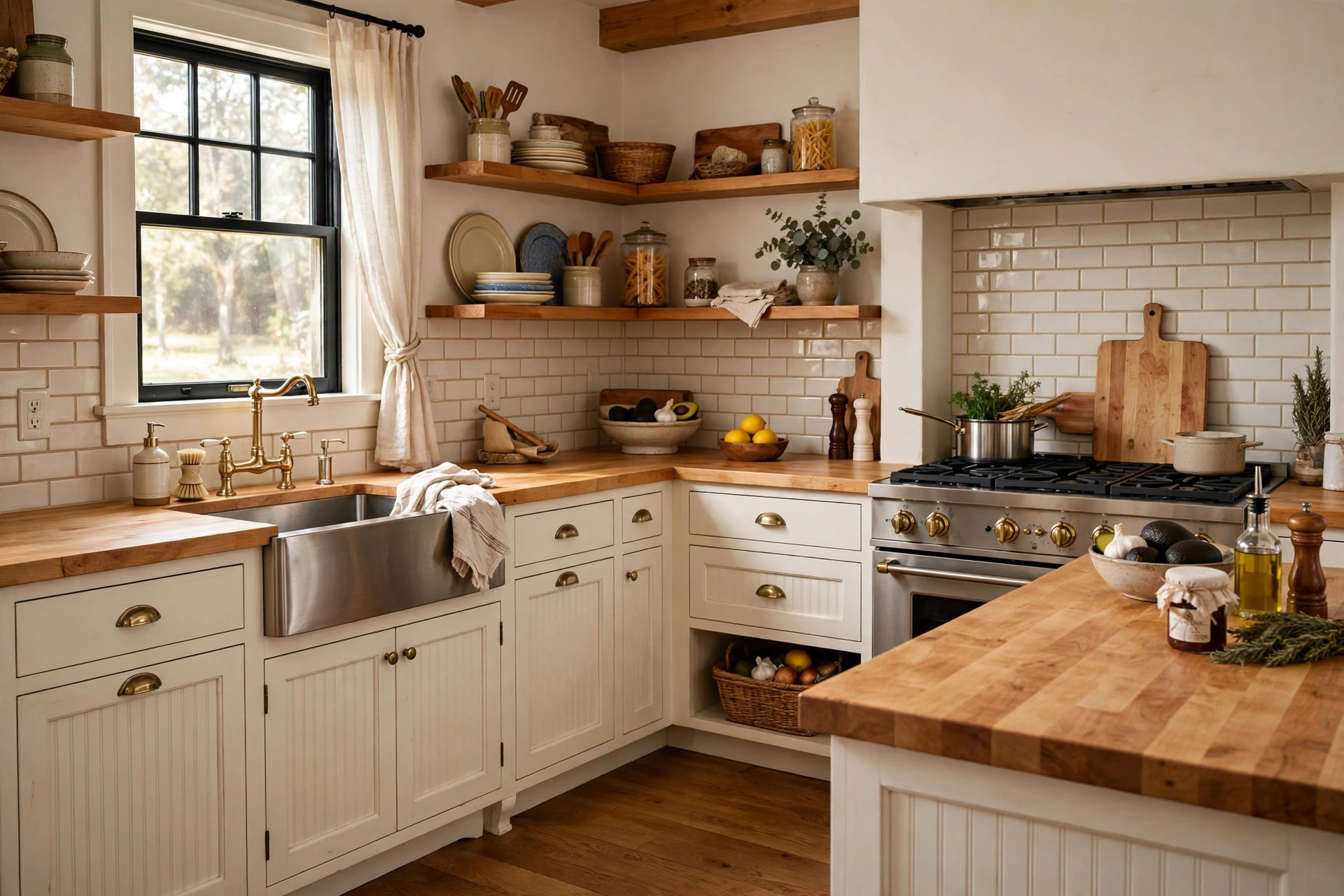 butcher block countertops deals near me: Wooden butcher block countertops in a bright American kitchen