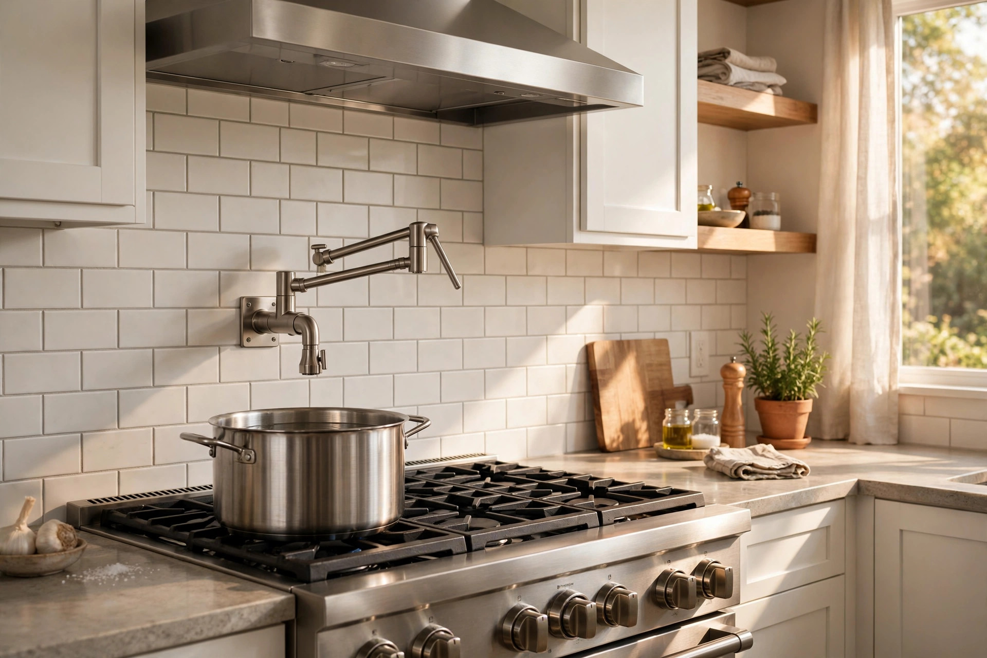 pot filler faucets deals near me: Pot filler faucet over a stove in a kitchen