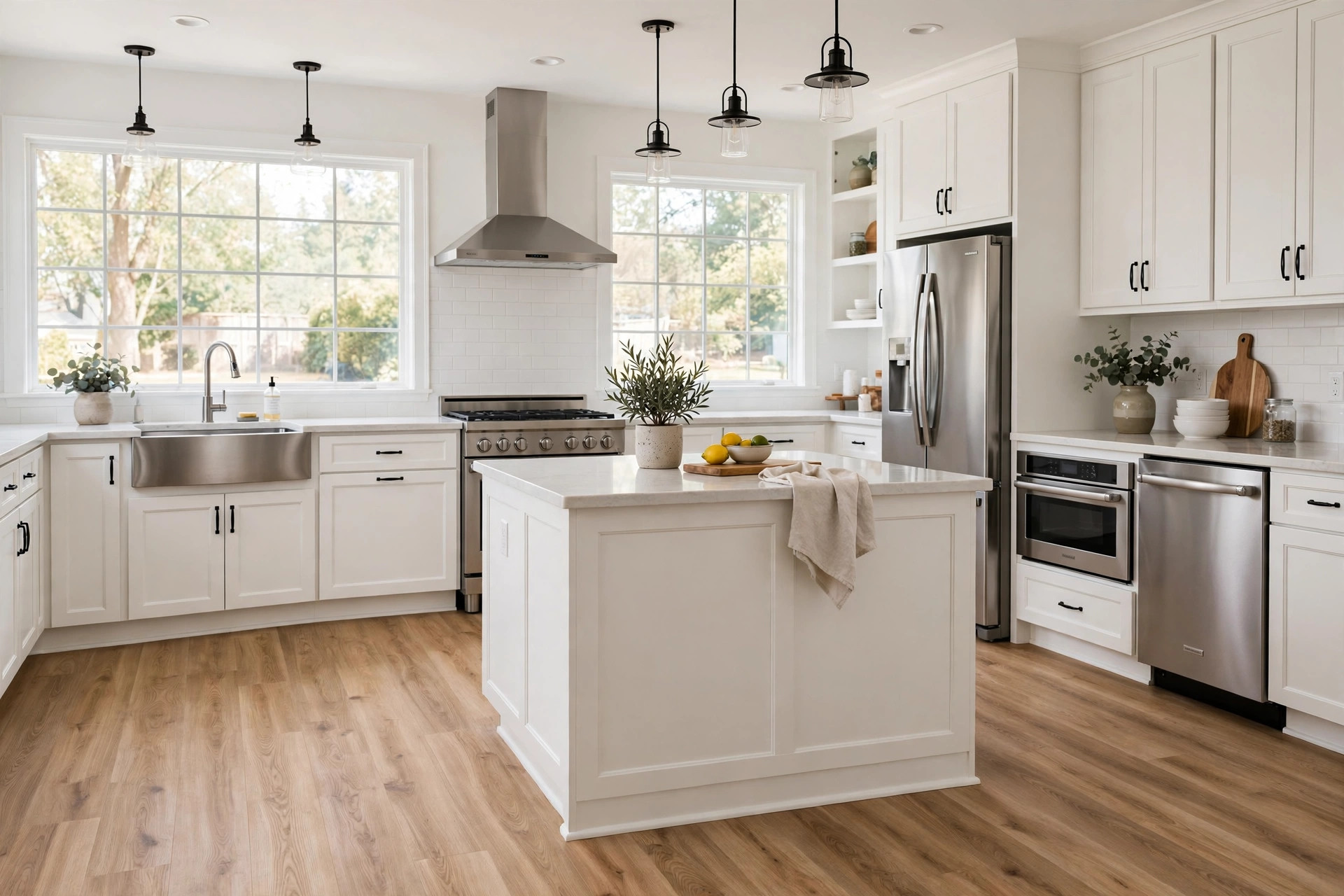 vinyl plank flooring deals near me: Vinyl plank flooring installed in a bright American kitchen with wood-look planks