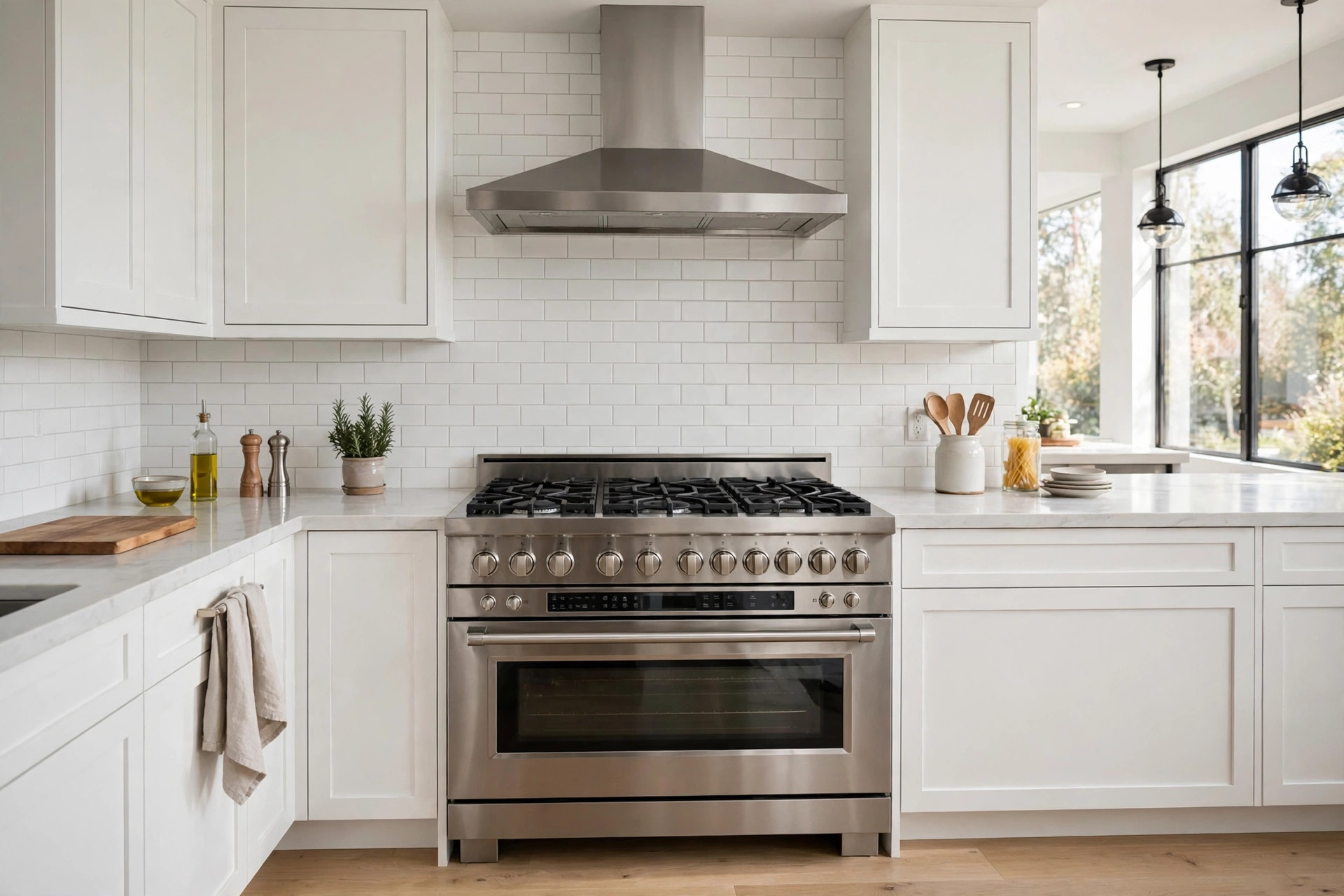 dual fuel ranges deals near me: A stainless dual fuel range in a bright modern American kitchen