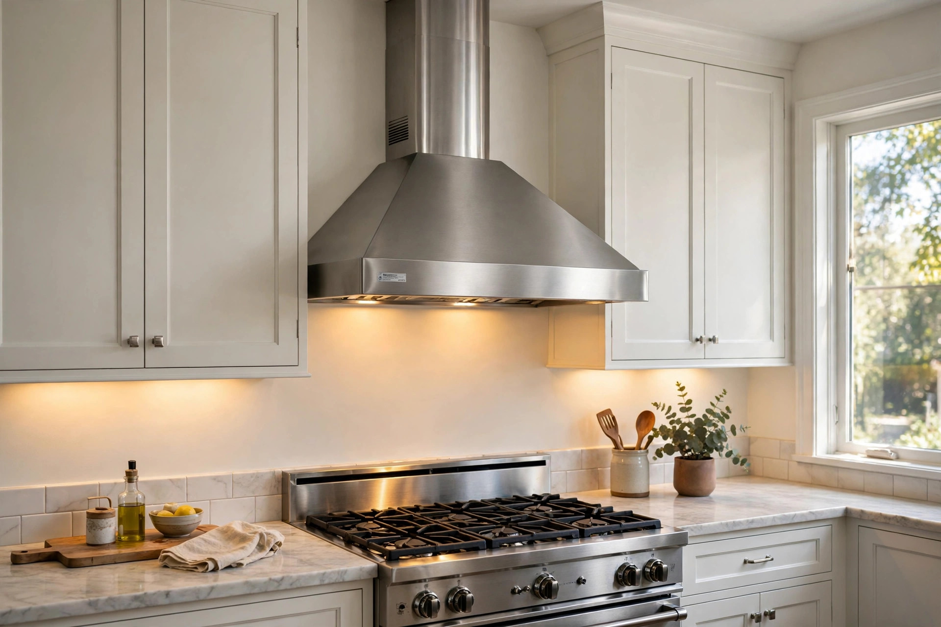 stainless range hoods reviews buying guide usa: Stainless range hood over a gas range in a bright American kitchen