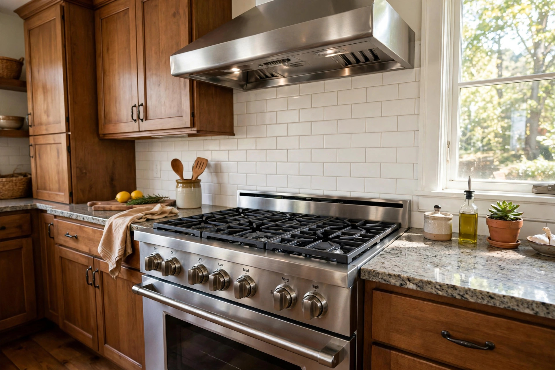 gas kitchen ranges reviews buying guide usa: A stainless steel gas kitchen range with cast iron grates in a real American kitchen