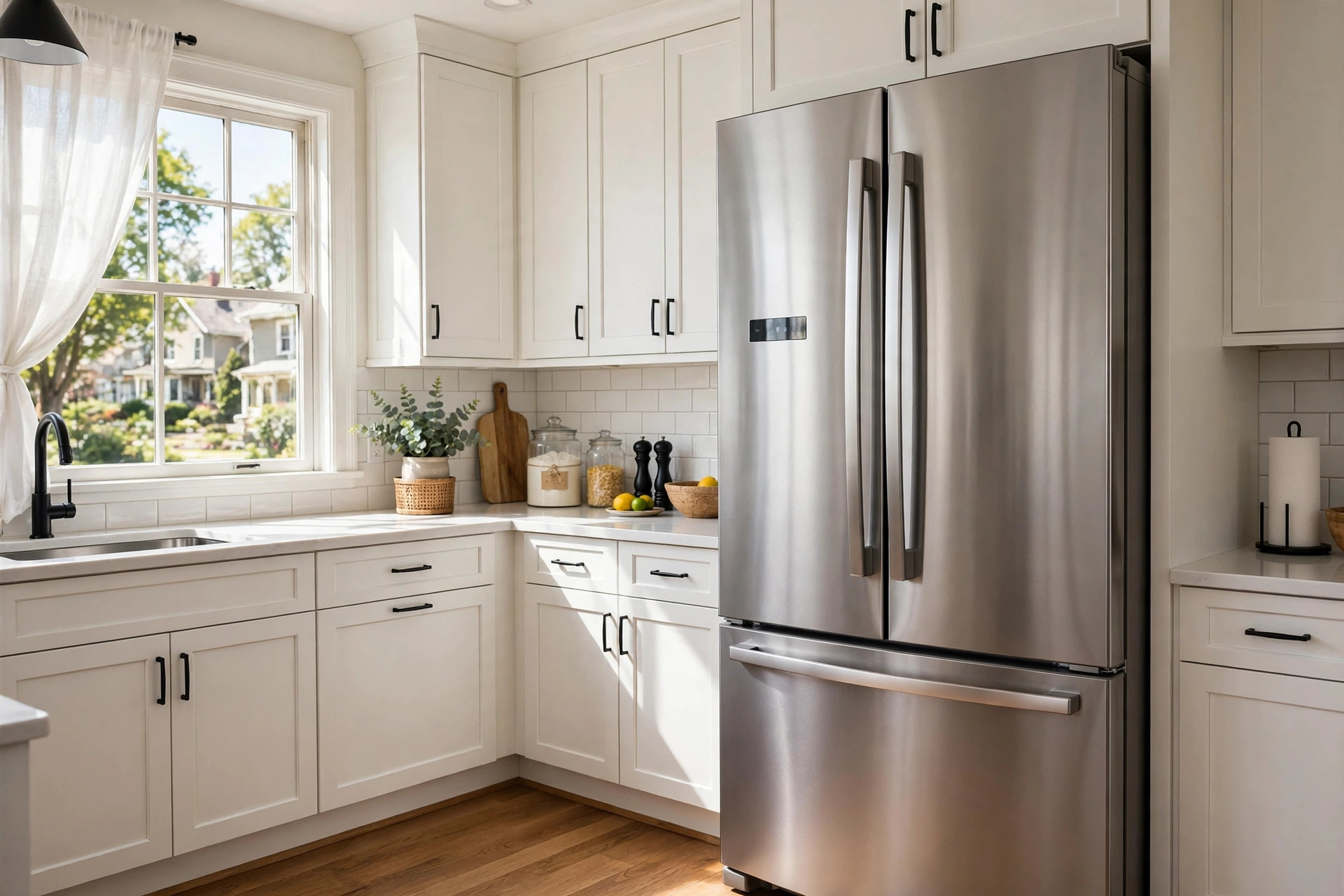 french door refrigerators reviews buying guide usa: Stainless steel french door refrigerator in an American kitchen