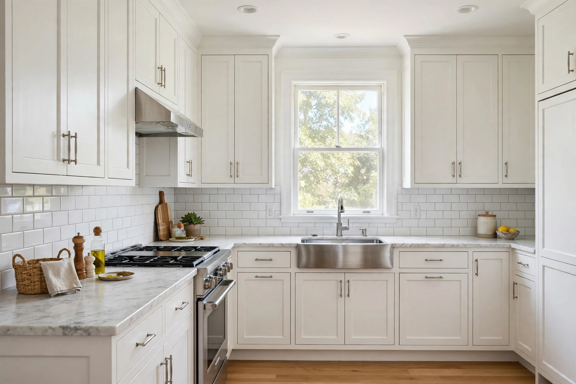 shaker cabinet doors reviews buying guide usa: Shaker cabinet doors on white kitchen cabinets in an American home