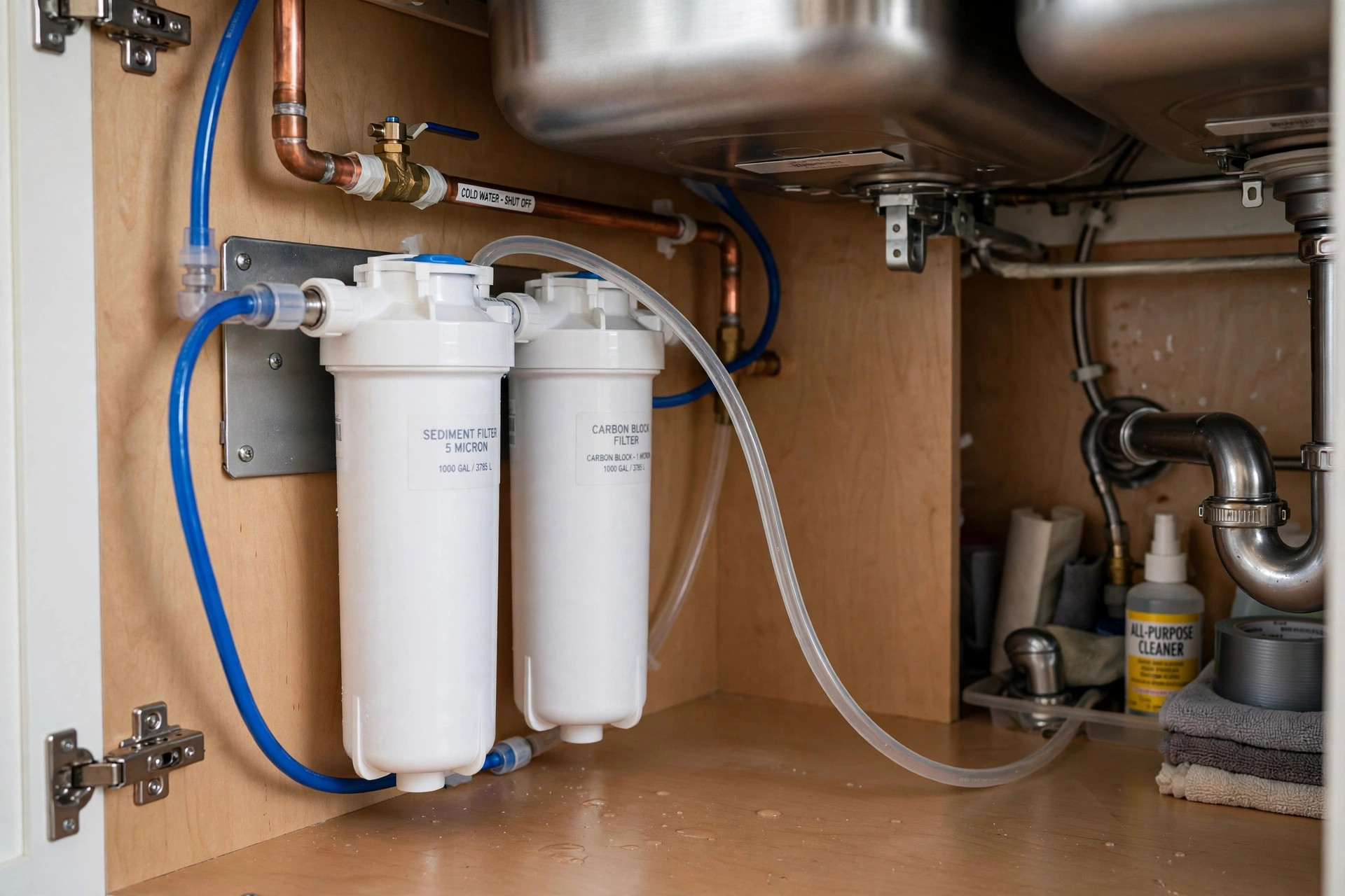 under sink filters reviews buying guide usa: Under sink water filter system installed beneath a kitchen sink