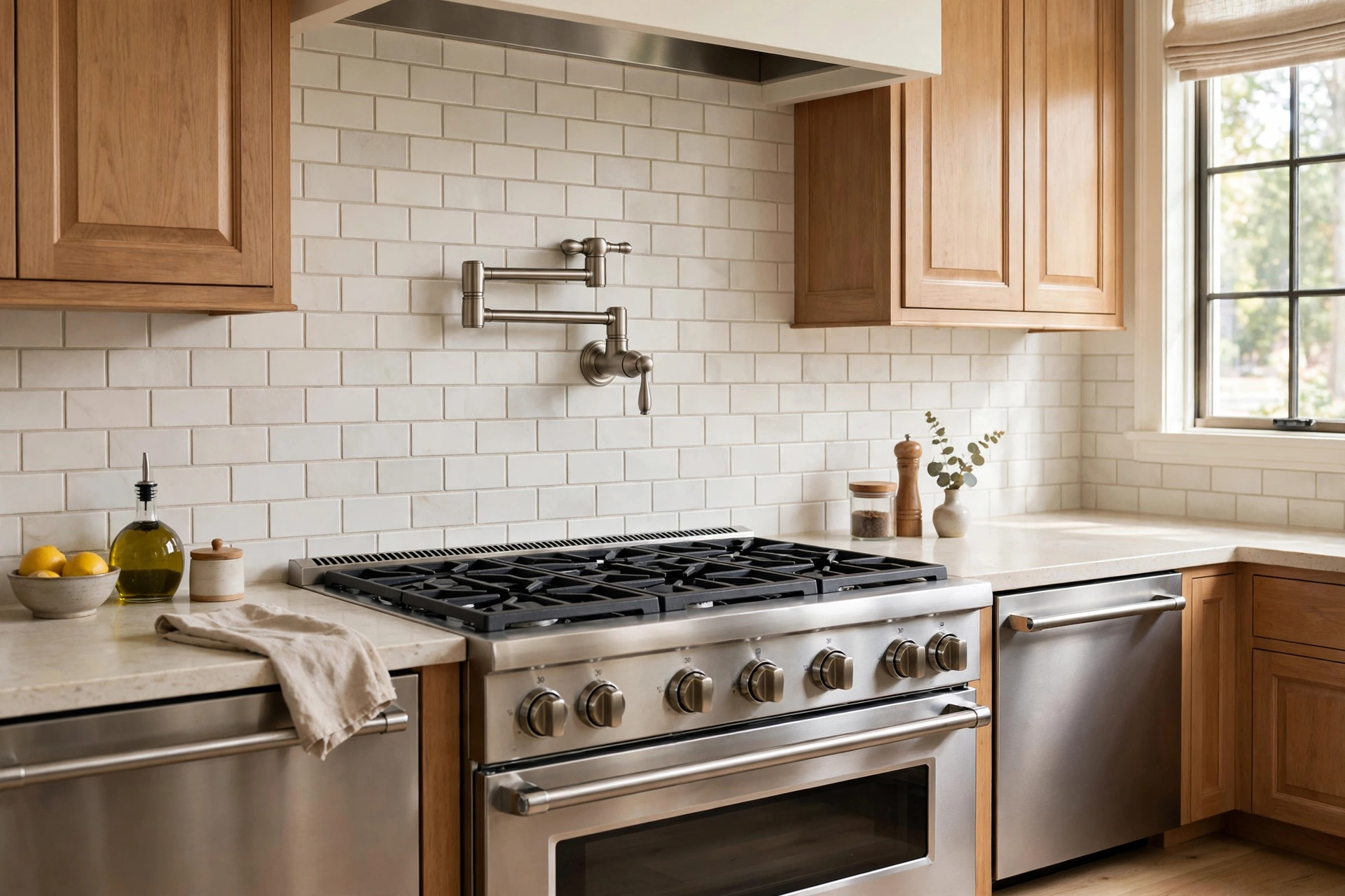 Pot filler faucets reviews buying guide usa — wall-mounted pot filler above a gas range