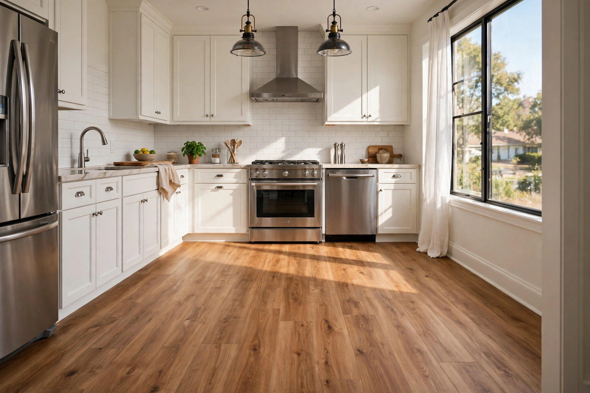 vinyl plank flooring reviews buying guide usa: Vinyl plank flooring in an American kitchen