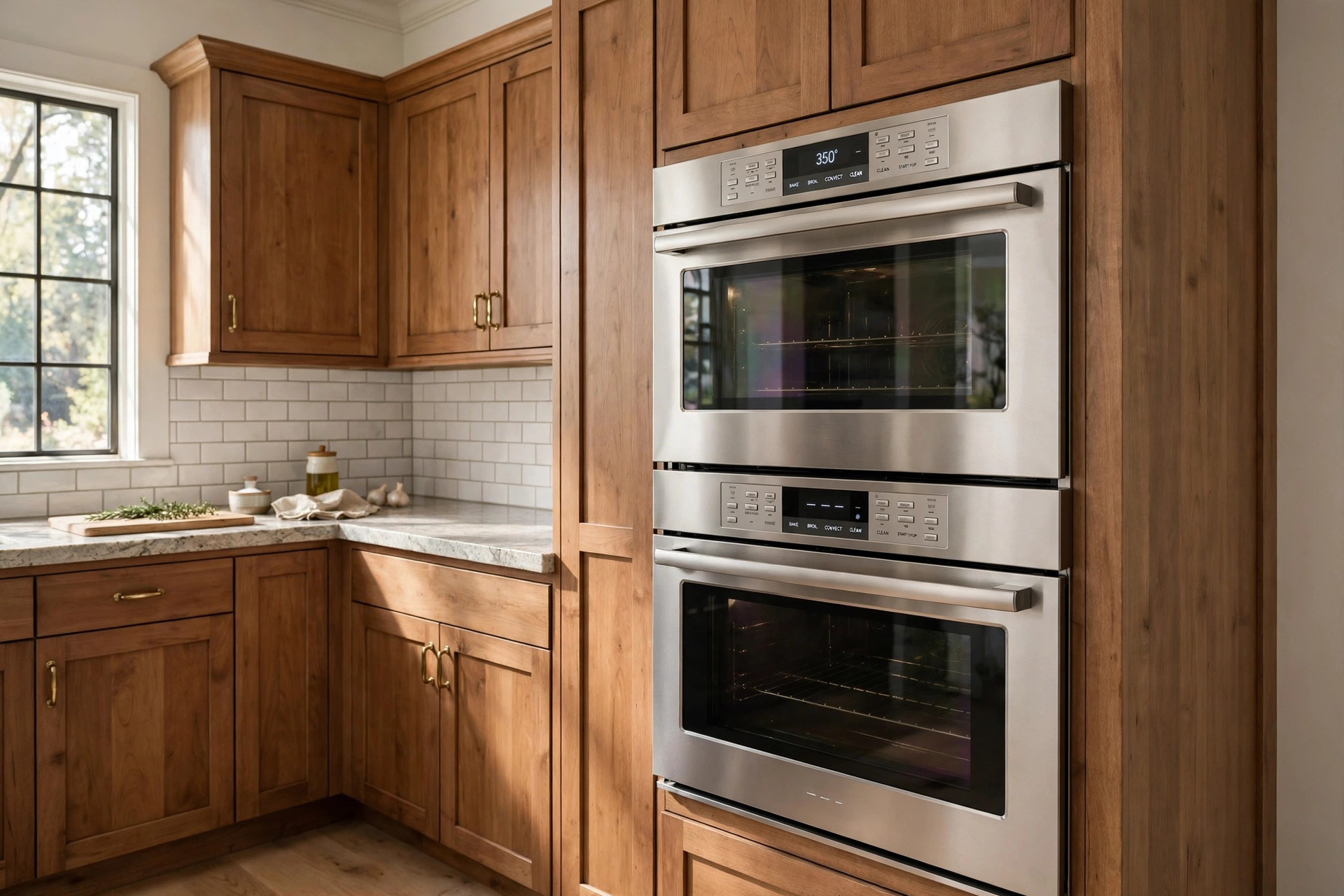 double wall ovens reviews buying guide usa: Double wall ovens built into kitchen cabinets in an American home