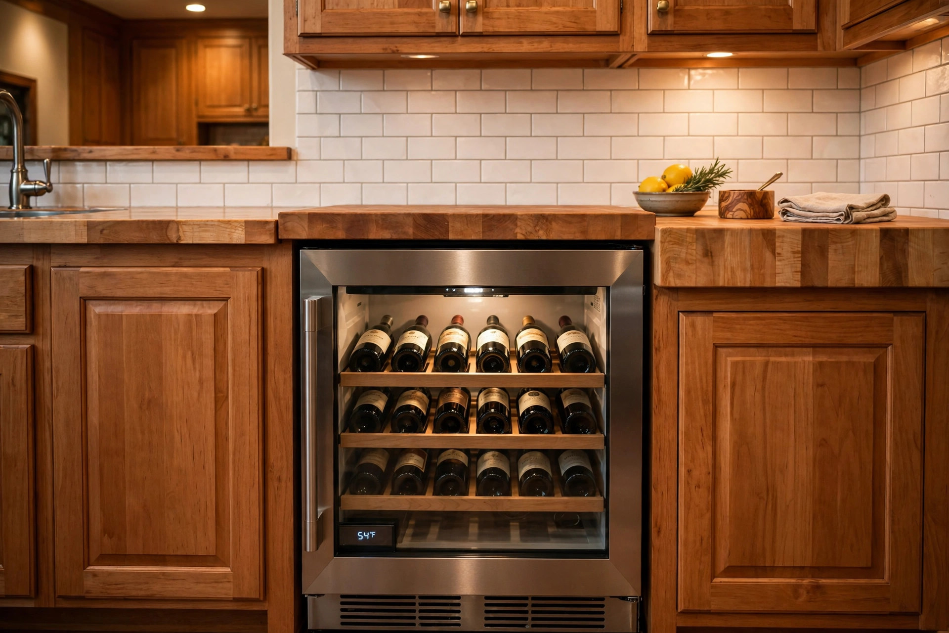 under counter wine fridges reviews buying guide usa: Under counter wine fridge in a home kitchen
