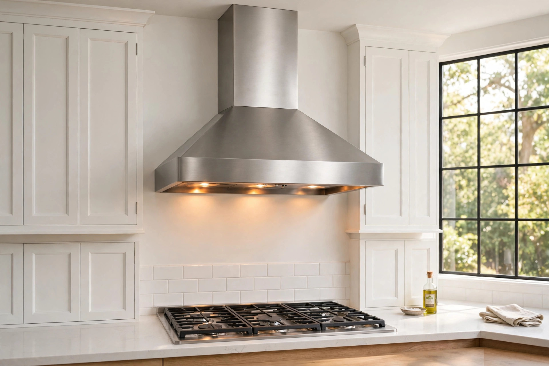 stainless range hoods where to buy usa: Stainless range hood mounted above a gas cooktop in an American kitchen