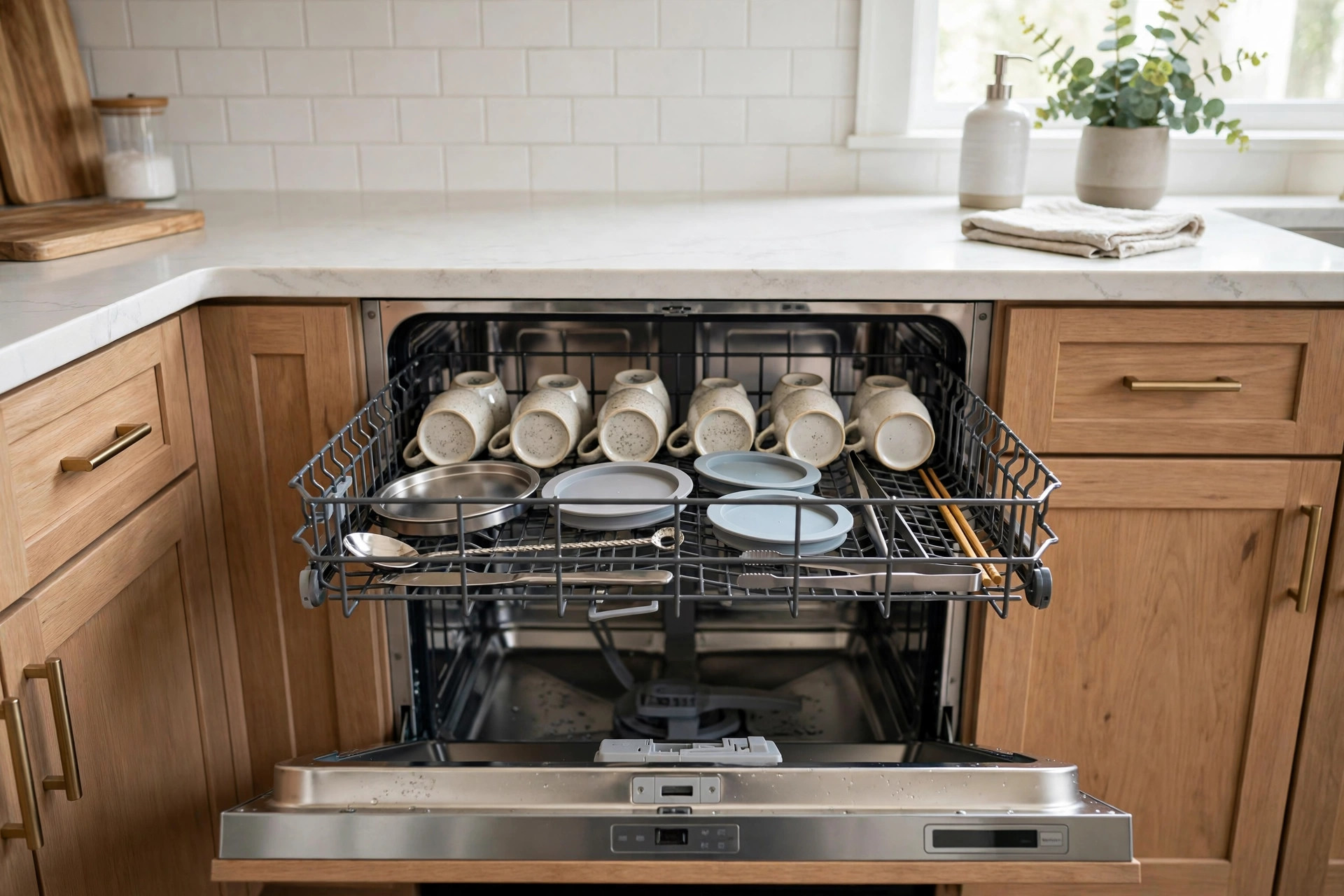 Dishwasher third rack where to buy usa: open dishwasher with a third rack in an American kitchen
