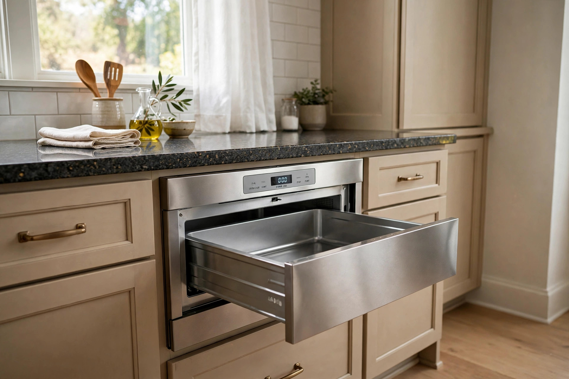 microwave drawer units where to buy usa: Microwave drawer unit installed below a kitchen countertop in a modern American kitchen