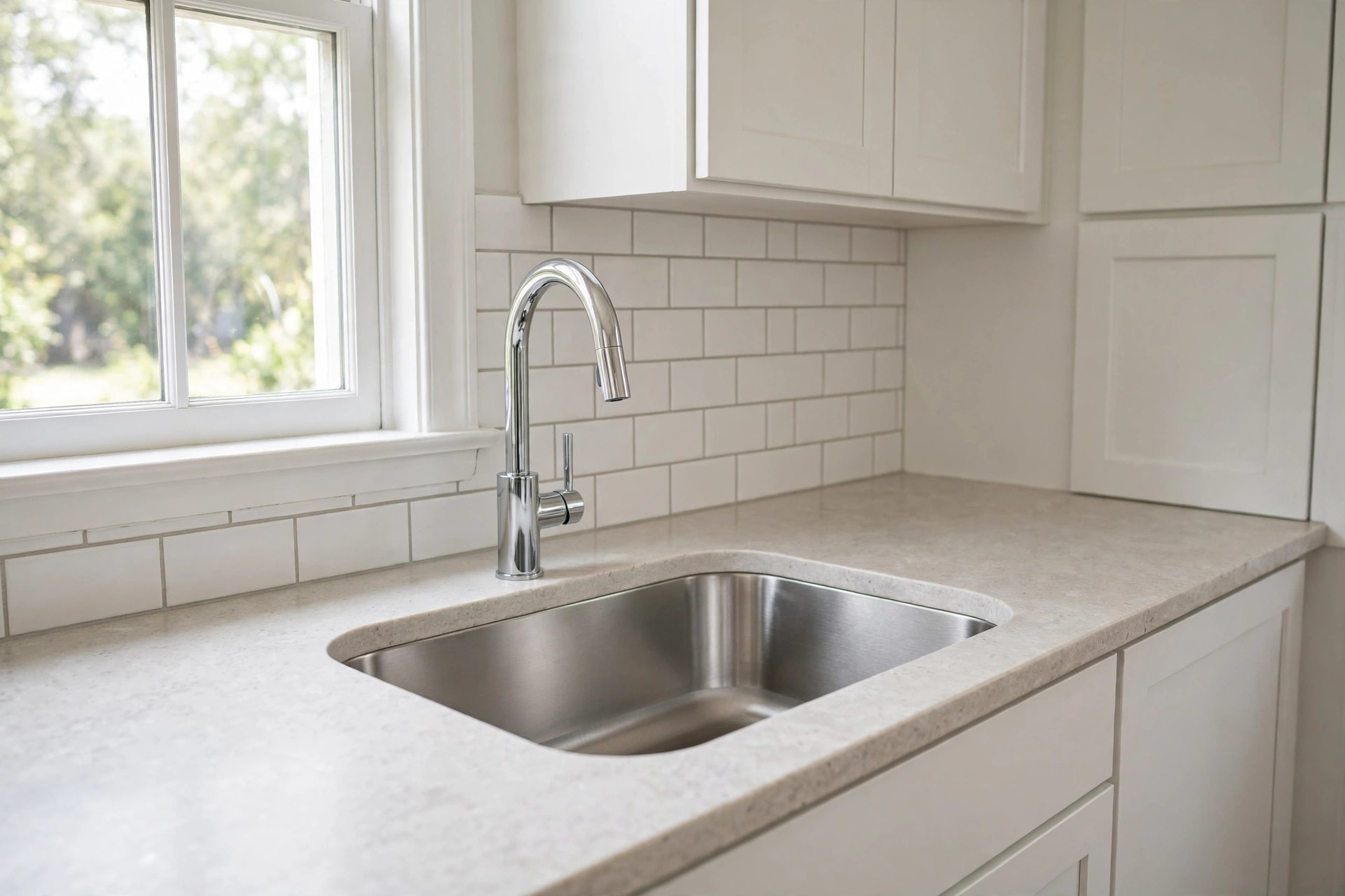undermount stainless sinks where to buy usa: Undermount stainless sink installed in a stone countertop in an American kitchen