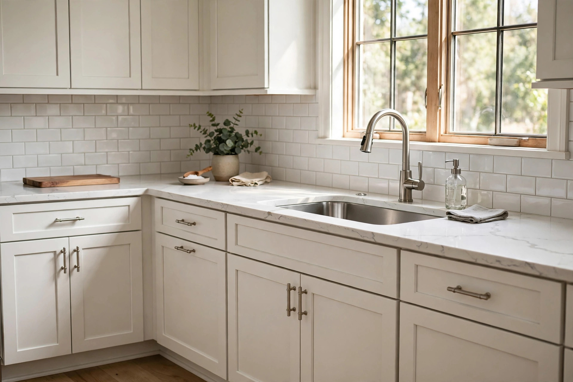 quartz countertop installation where to buy usa: White quartz countertop installation in a modern American kitchen