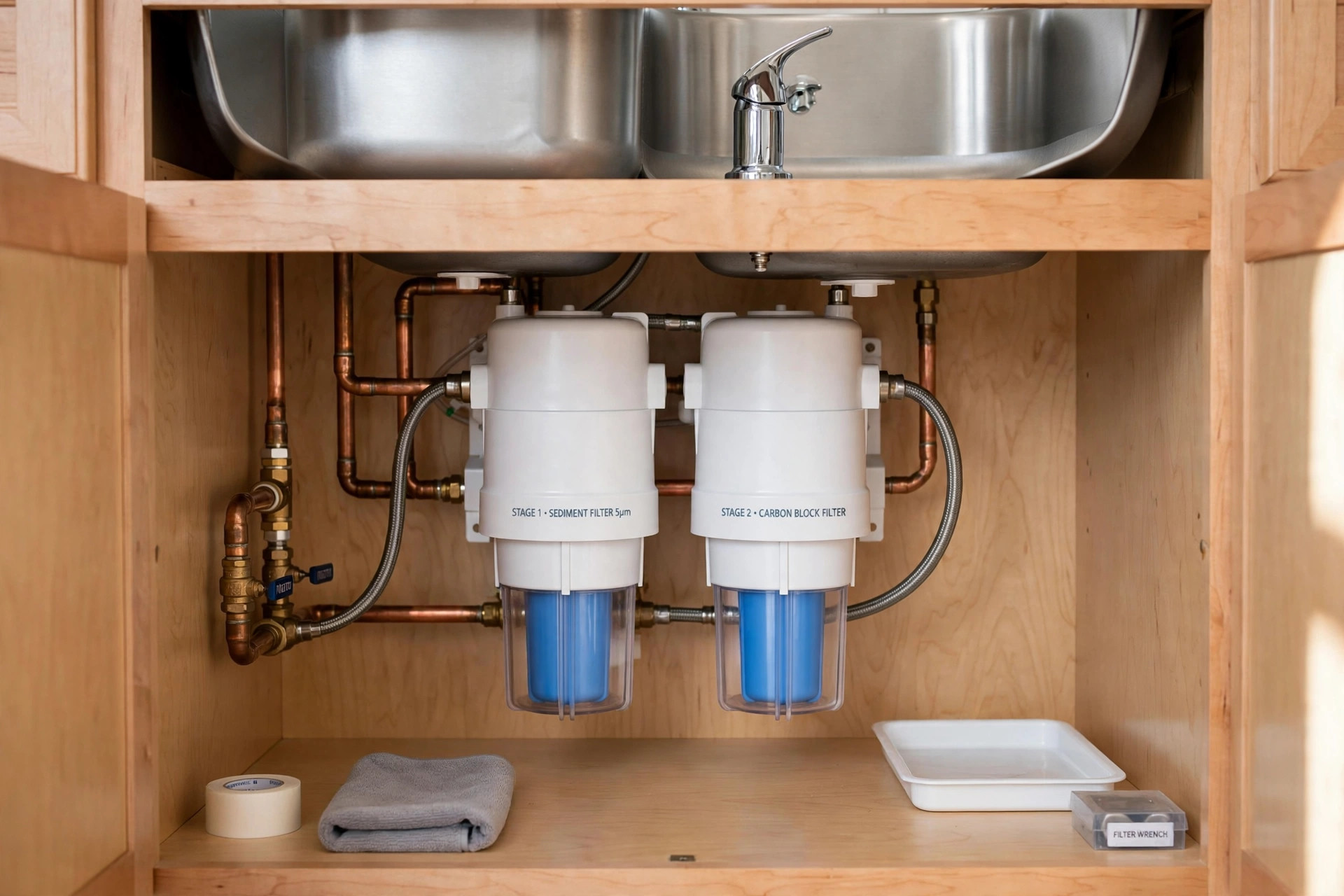 under sink filters where to buy usa: Under sink water filter installed beneath a kitchen sink in a USA home
