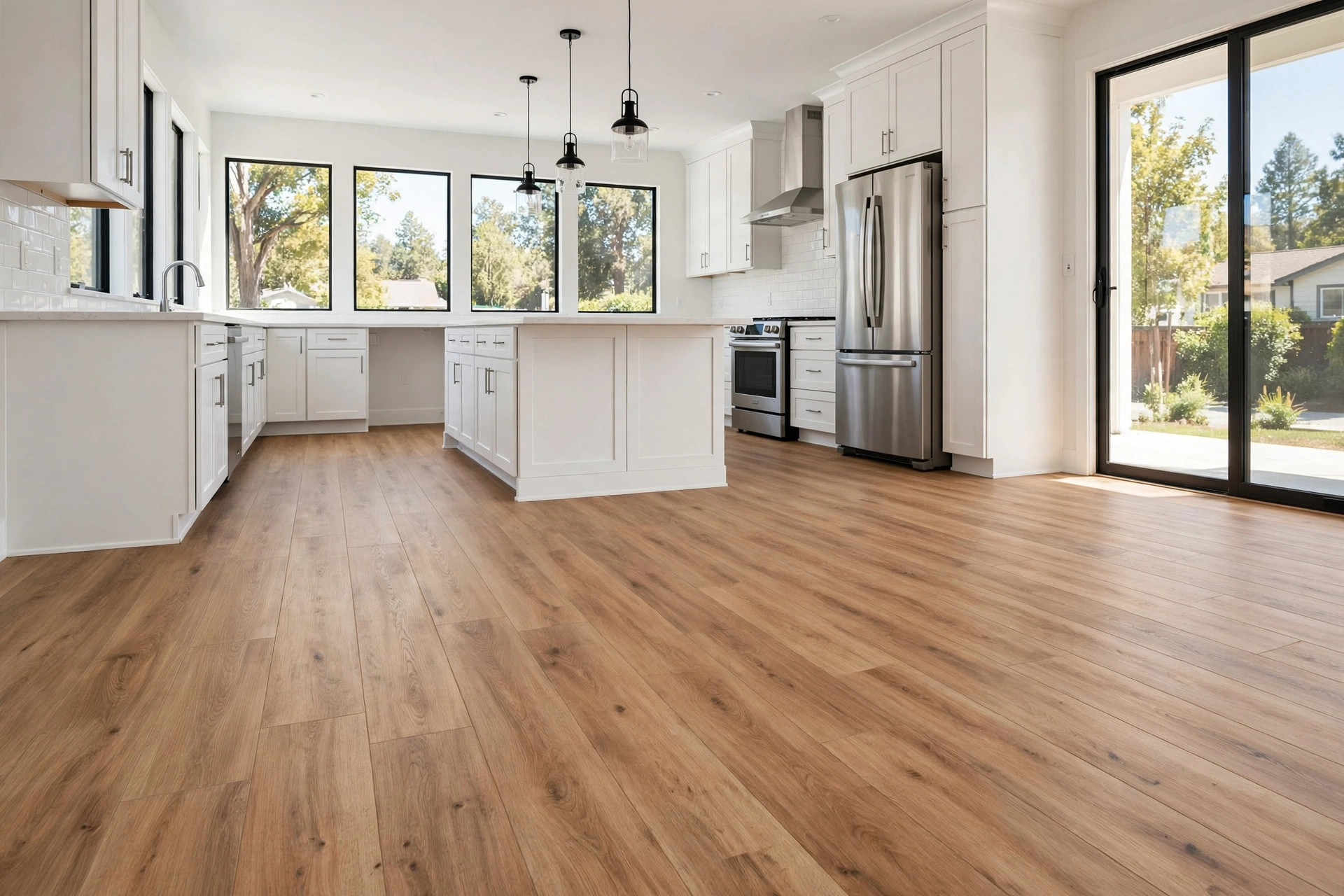 vinyl plank flooring where to buy usa: Vinyl plank flooring installed in a bright American kitchen
