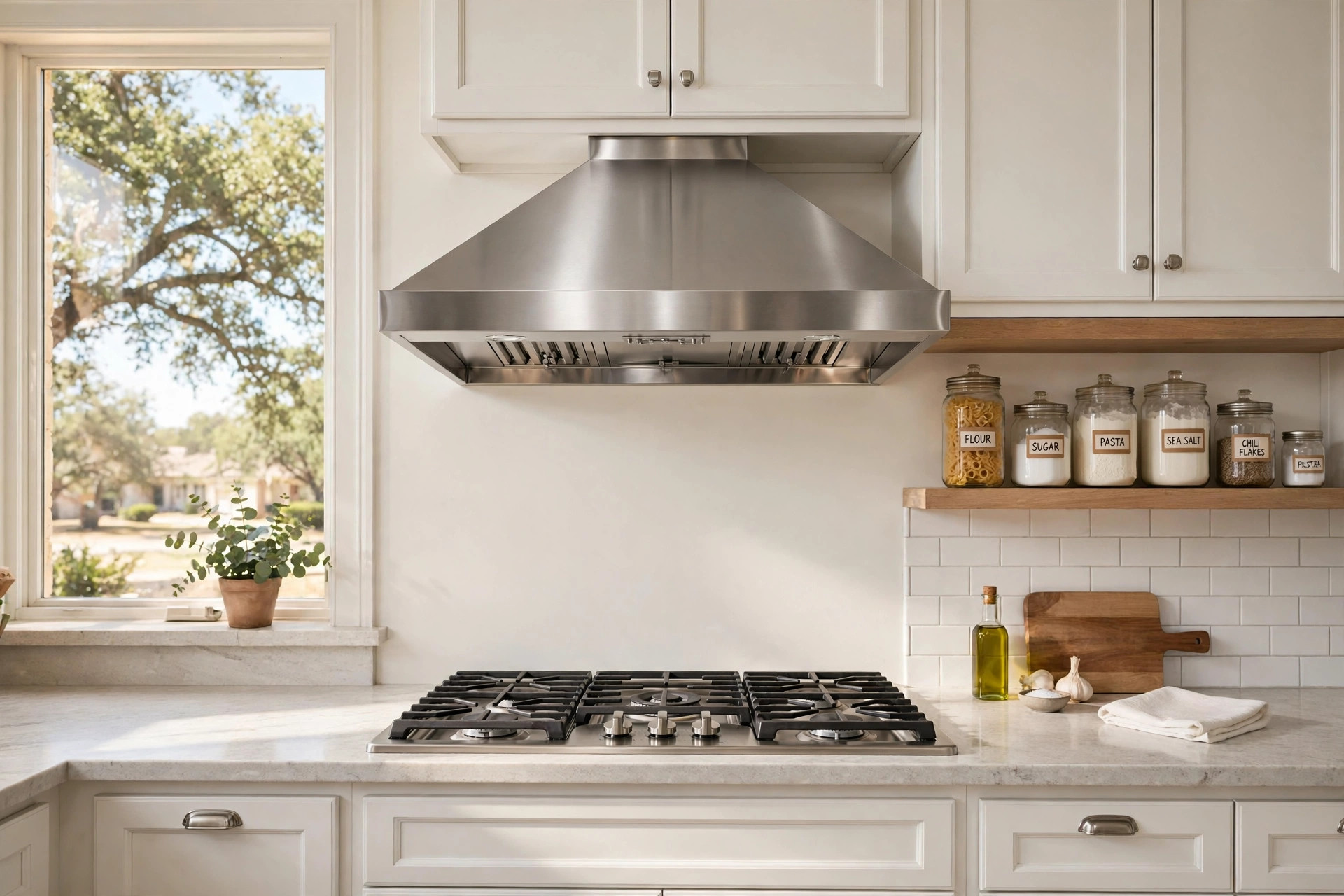 stainless range hoods texas homes usa: Stainless range hood over a gas range in a Texas home kitchen