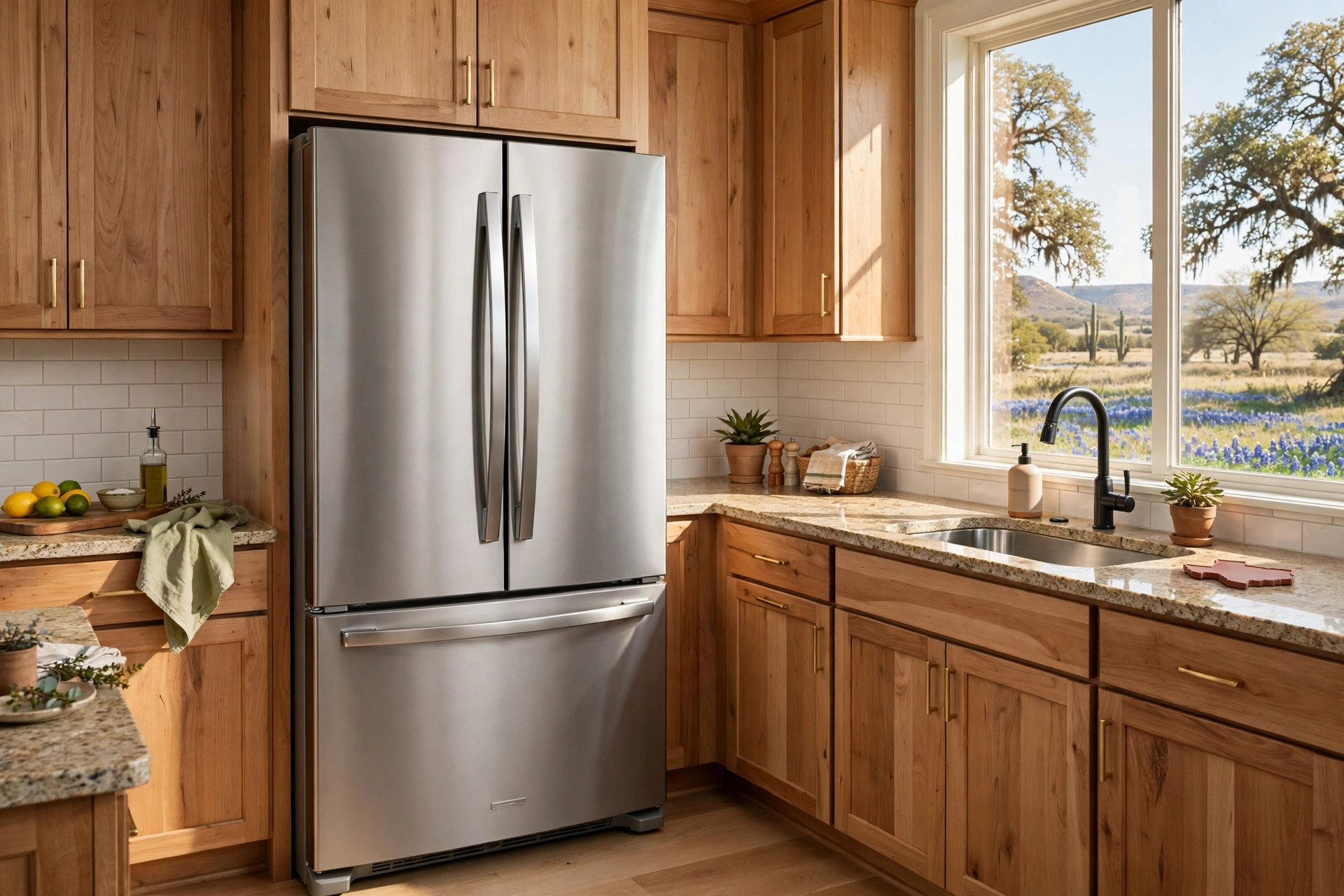 french door refrigerators texas homes usa: A stainless steel french door refrigerator in a bright Texas kitchen