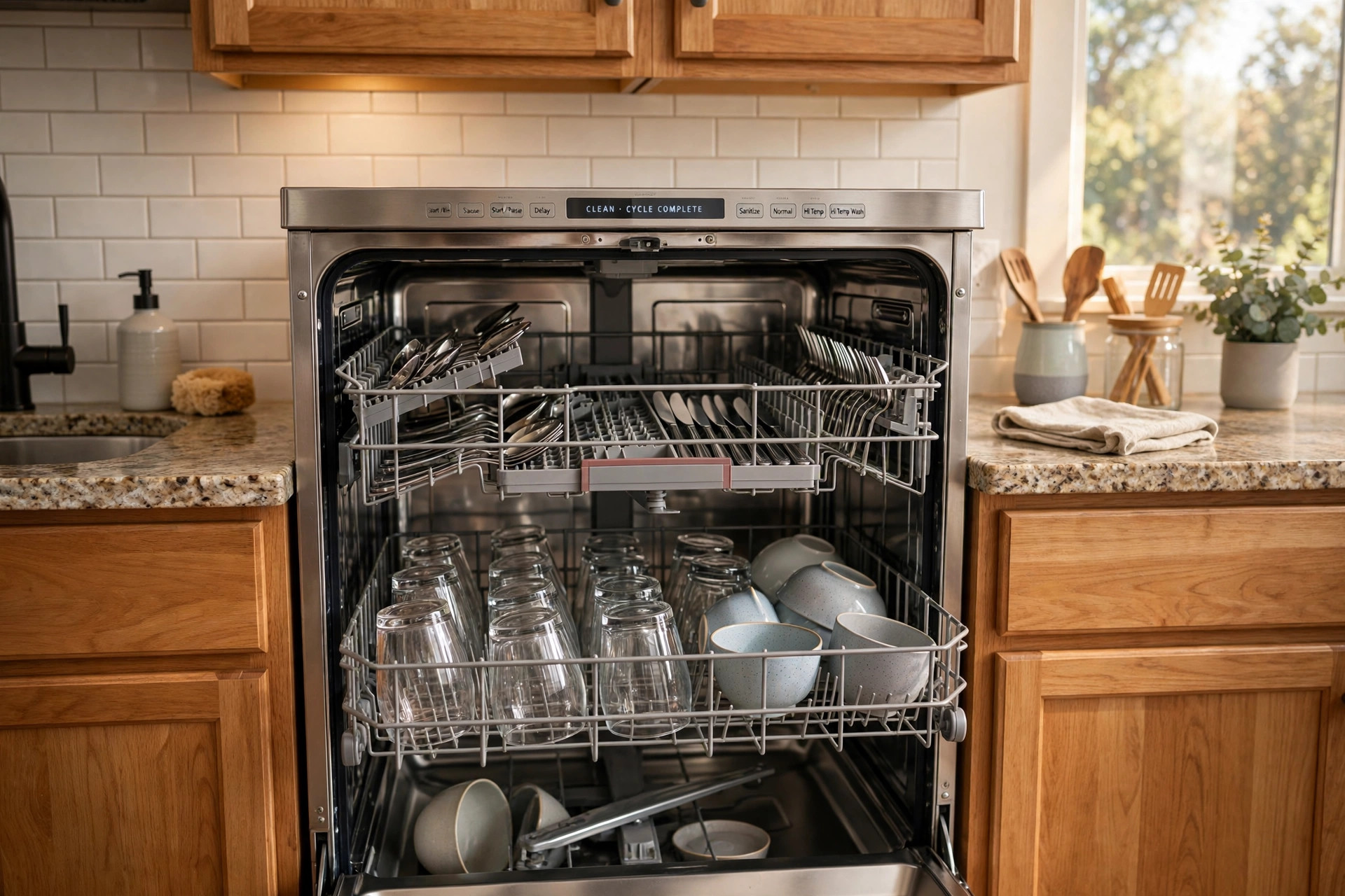 dishwasher third rack texas homes usa: Open dishwasher with third rack in a Texas kitchen