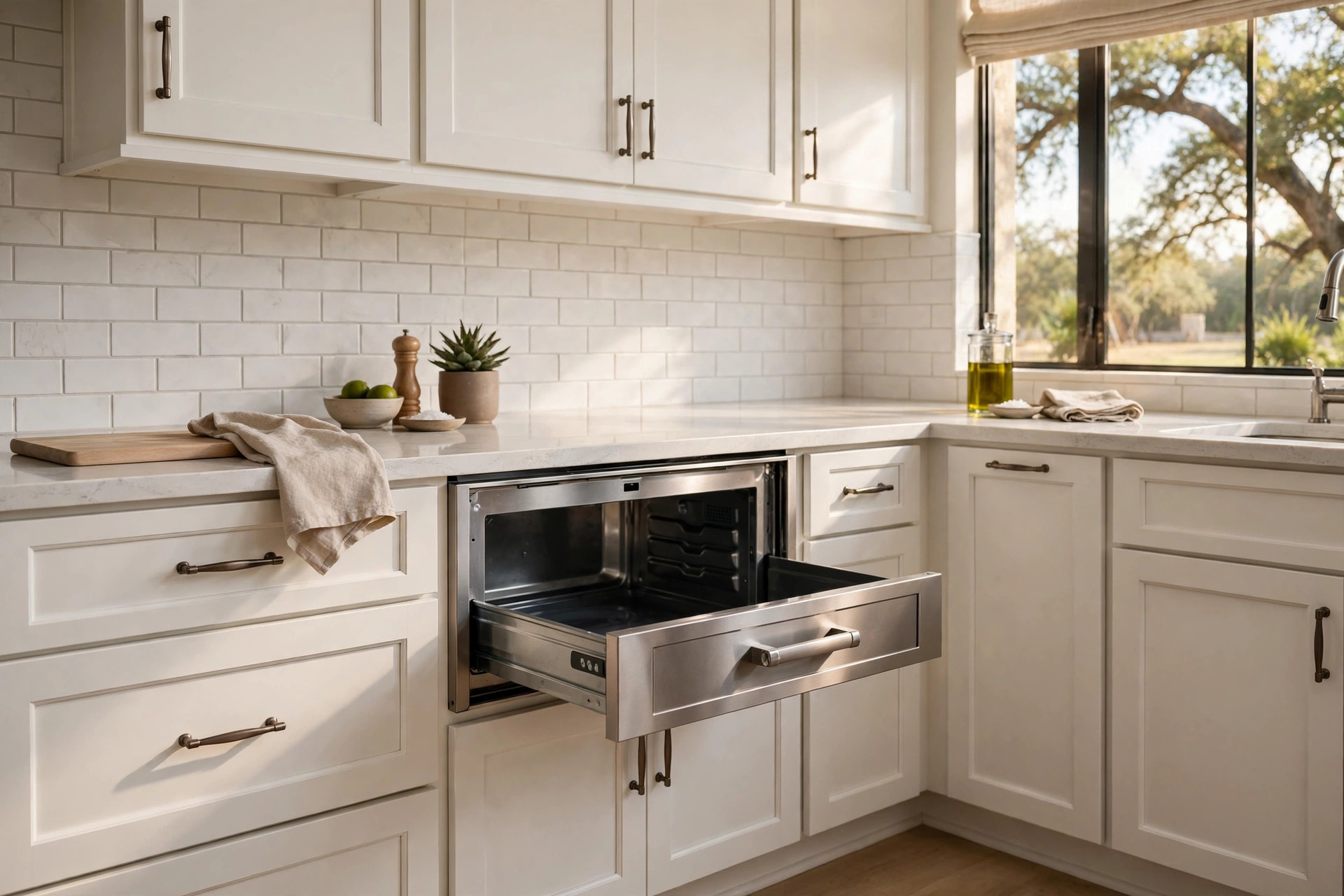 microwave drawer units texas homes usa: Microwave drawer unit installed in a kitchen base cabinet in a Texas home