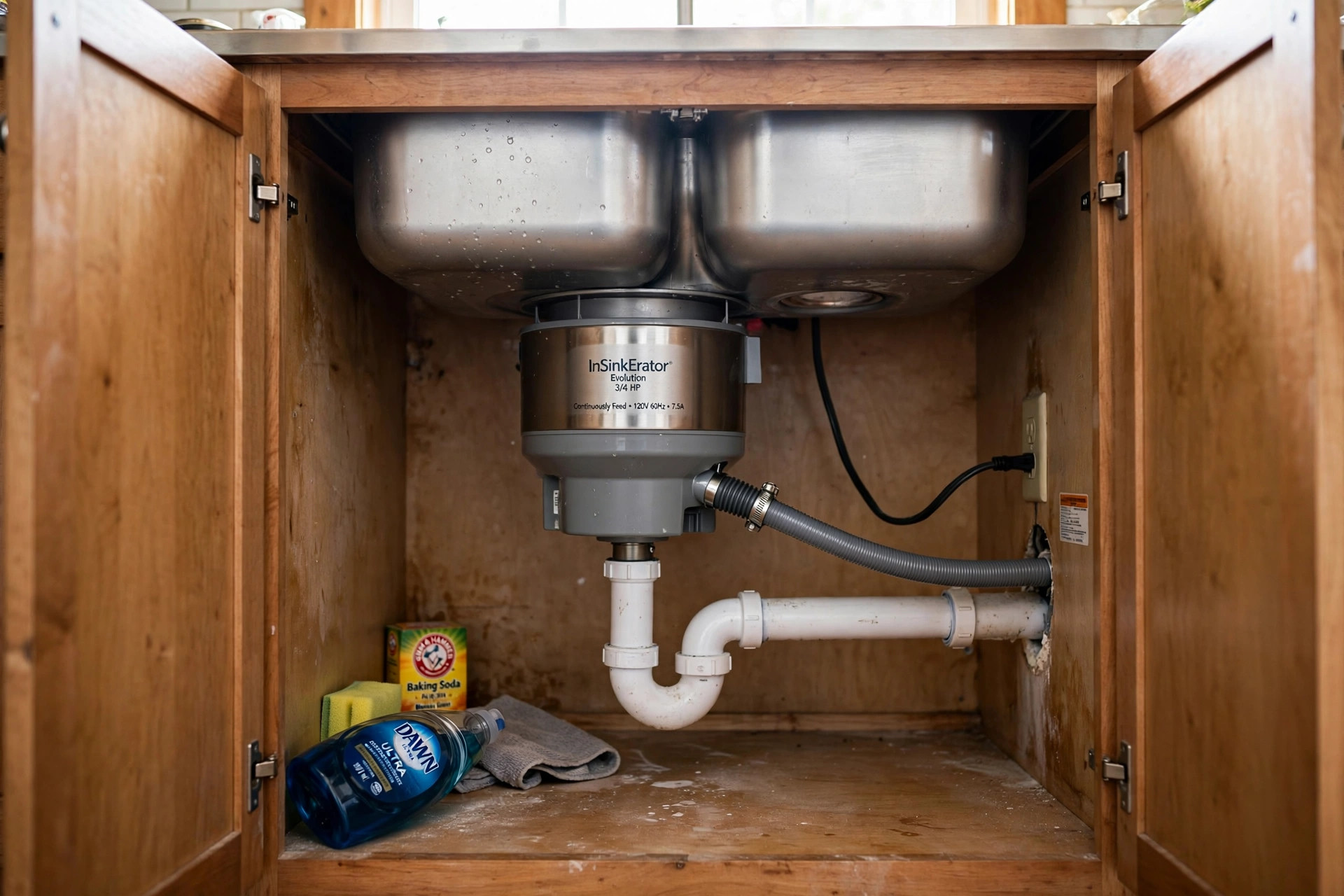 garbage disposal installation texas homes usa: Garbage disposal installation under a kitchen sink in a Texas home