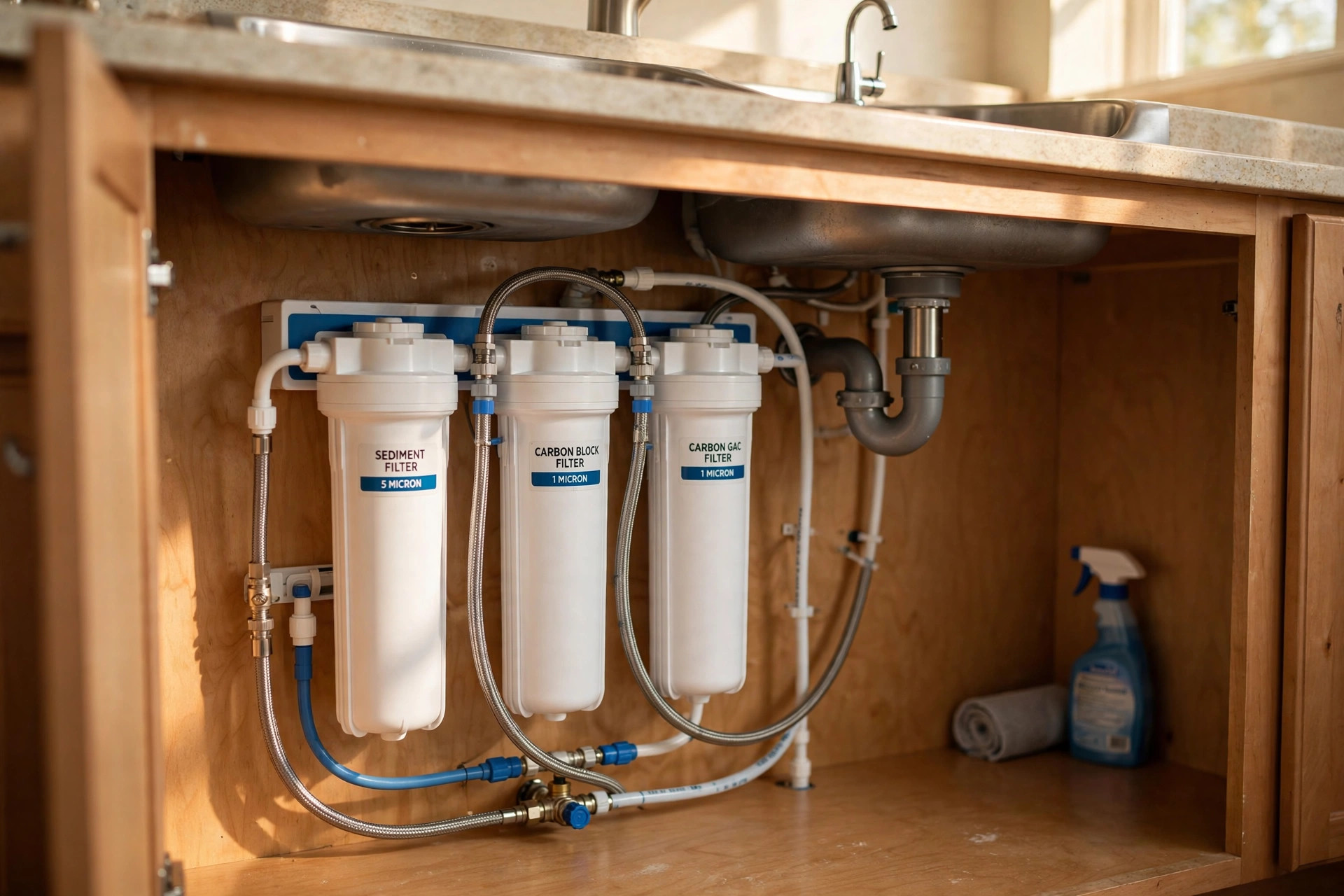 under sink filters texas homes usa: Under sink water filter installed under a kitchen sink in a Texas home