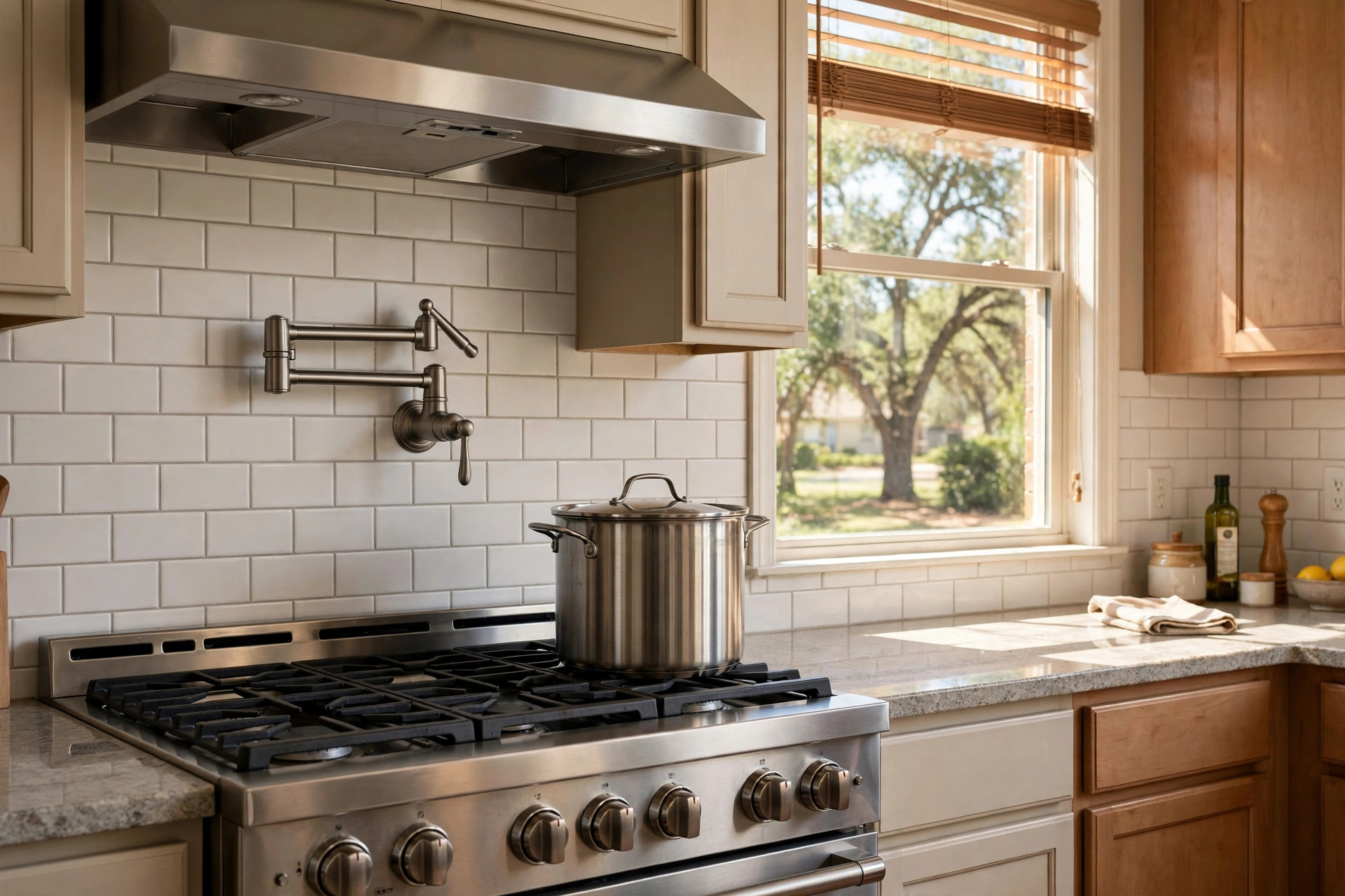 pot filler faucets texas homes usa: A pot filler faucet mounted above a gas range in a Texas home kitchen