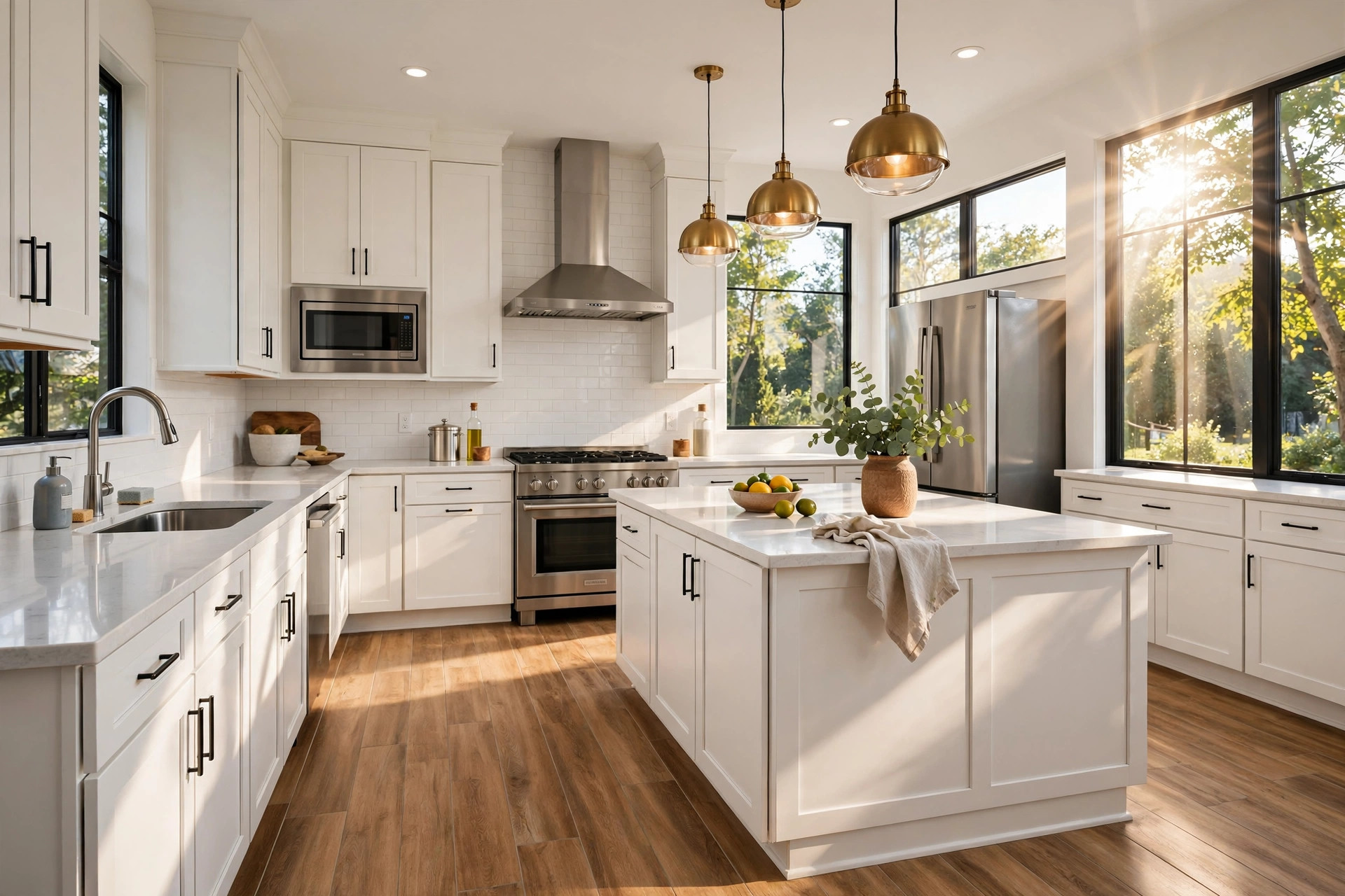 vinyl plank flooring texas homes usa: Wood-look vinyl plank flooring in a bright Texas home kitchen