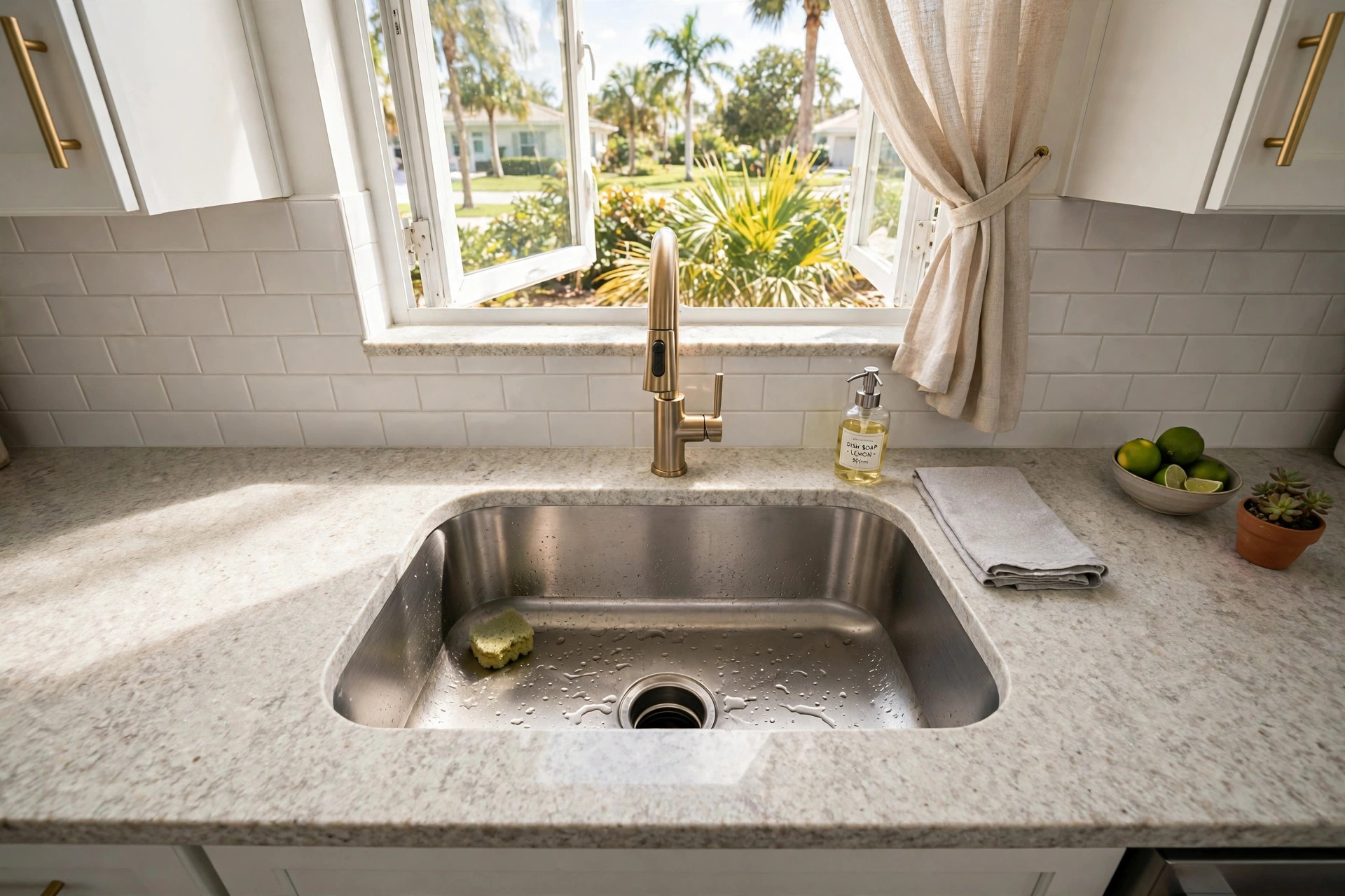 undermount stainless sinks florida homes usa: An undermount stainless sink fitted under a granite countertop in a Florida kitchen