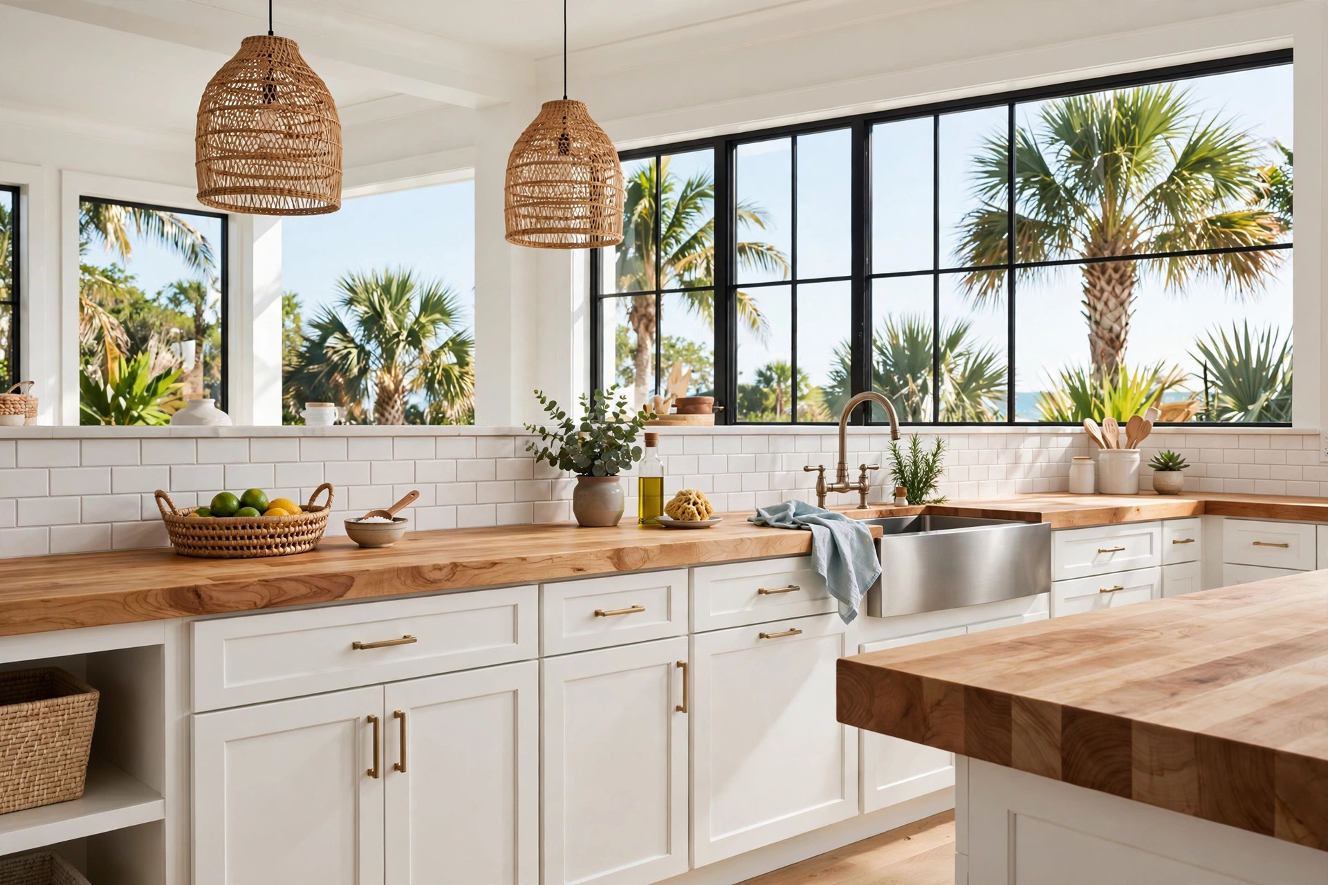 butcher block countertops florida homes usa: Butcher block countertops in a bright Florida kitchen