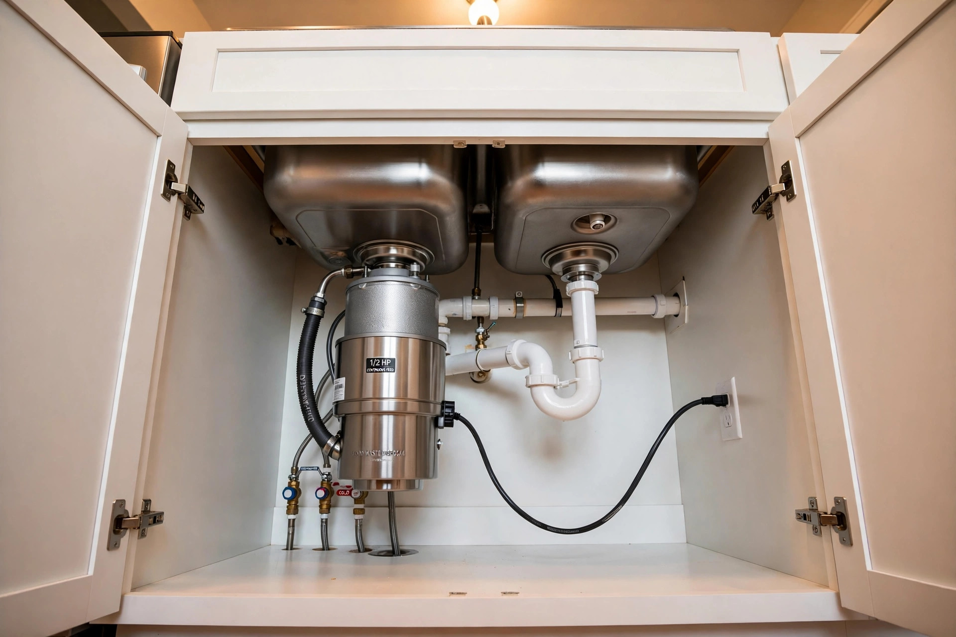 garbage disposal installation florida homes usa: A new garbage disposal unit under a kitchen sink in a Florida home