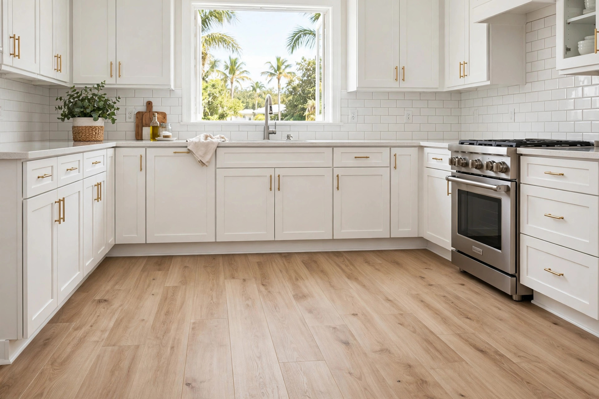 vinyl plank flooring florida homes usa: Vinyl plank flooring in a bright Florida kitchen with light oak planks