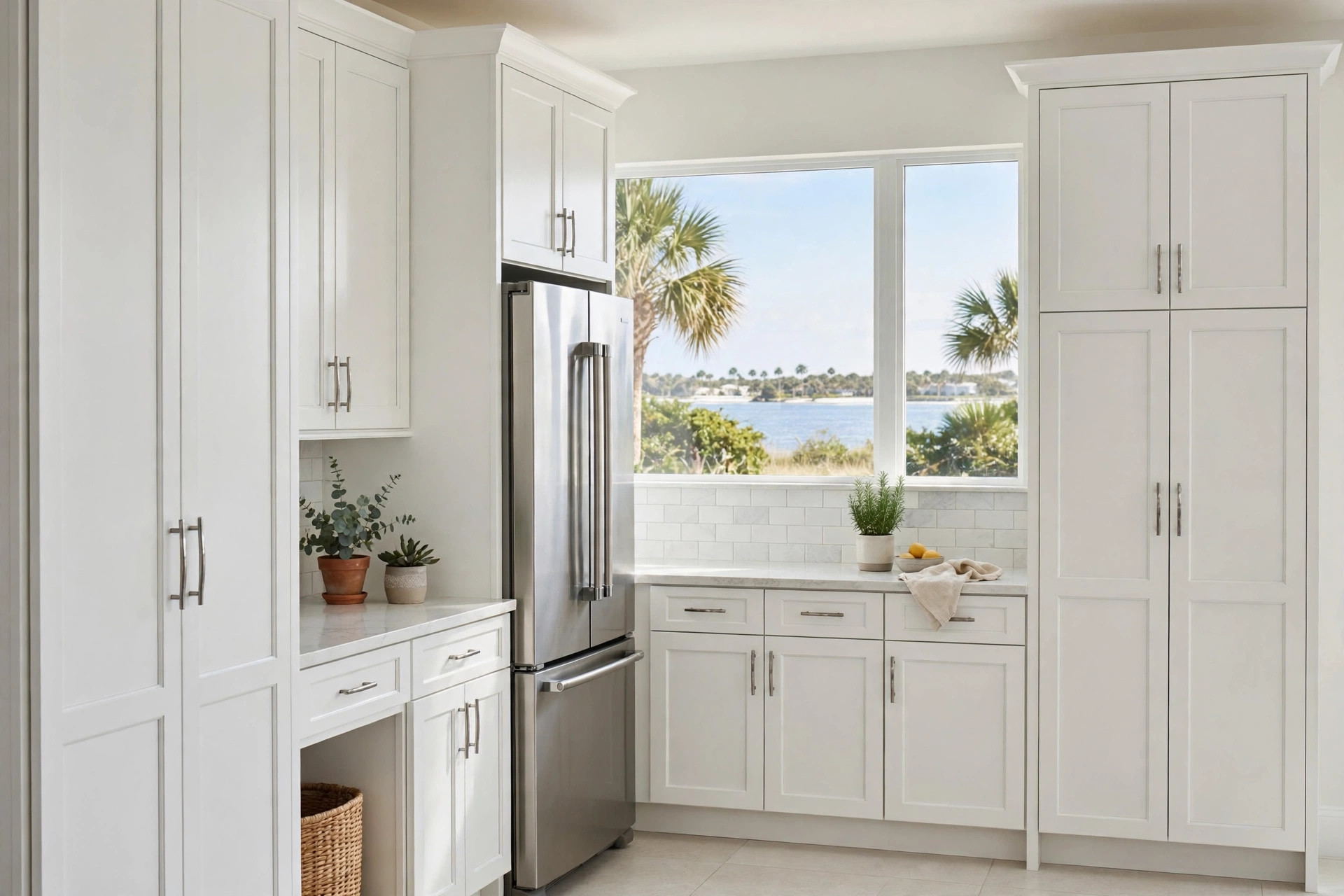 Tall kitchen pantry cabinets florida homes usa in a bright coastal Florida kitchen with white shaker doors