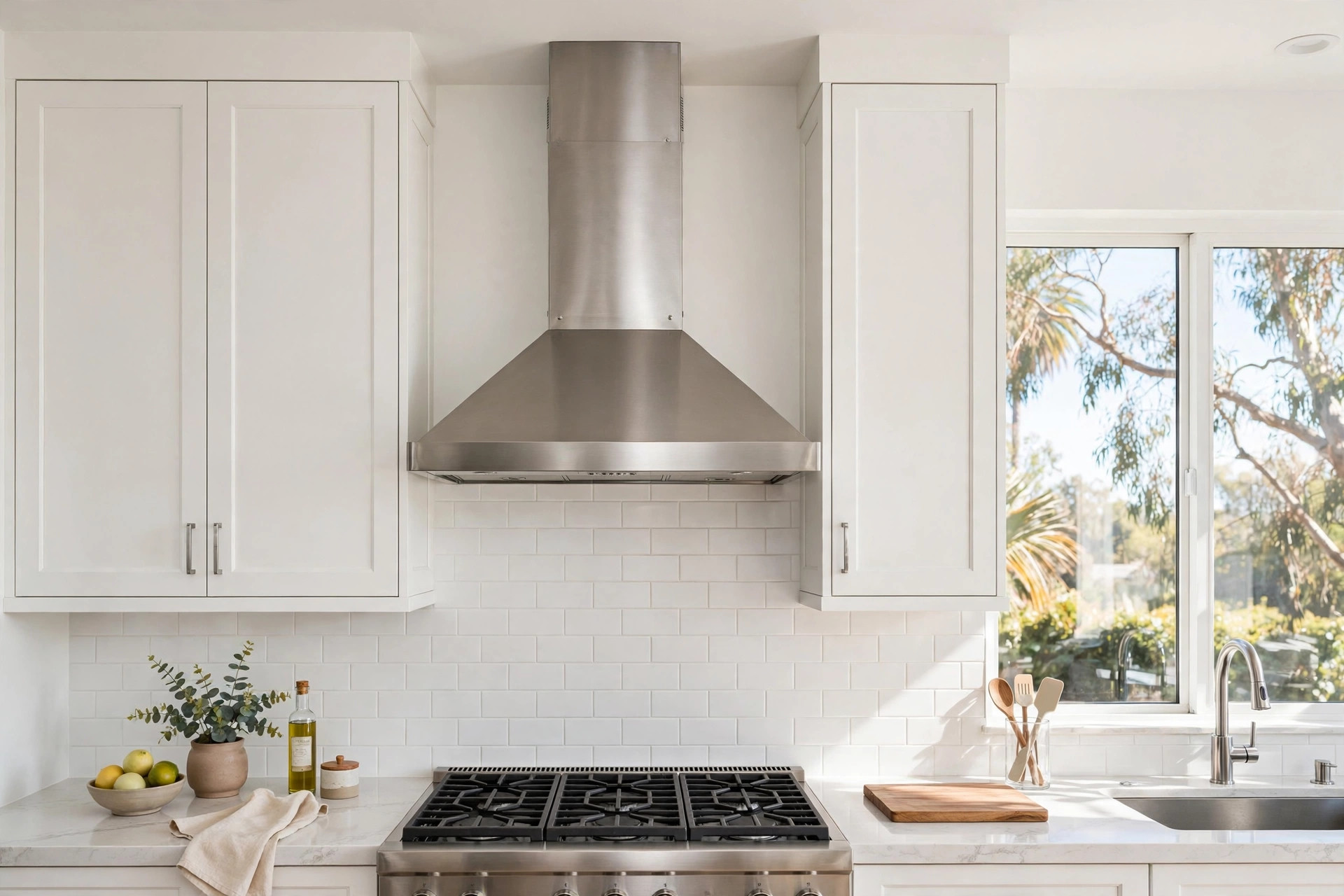 stainless range hoods california homes usa: Stainless range hood over a gas cooktop in a bright California kitchen