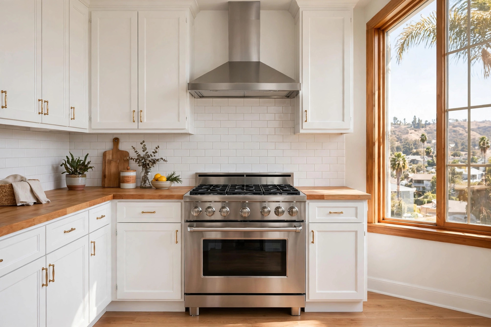 Gas kitchen ranges California homes USA: stainless steel gas range in a bright California home kitchen