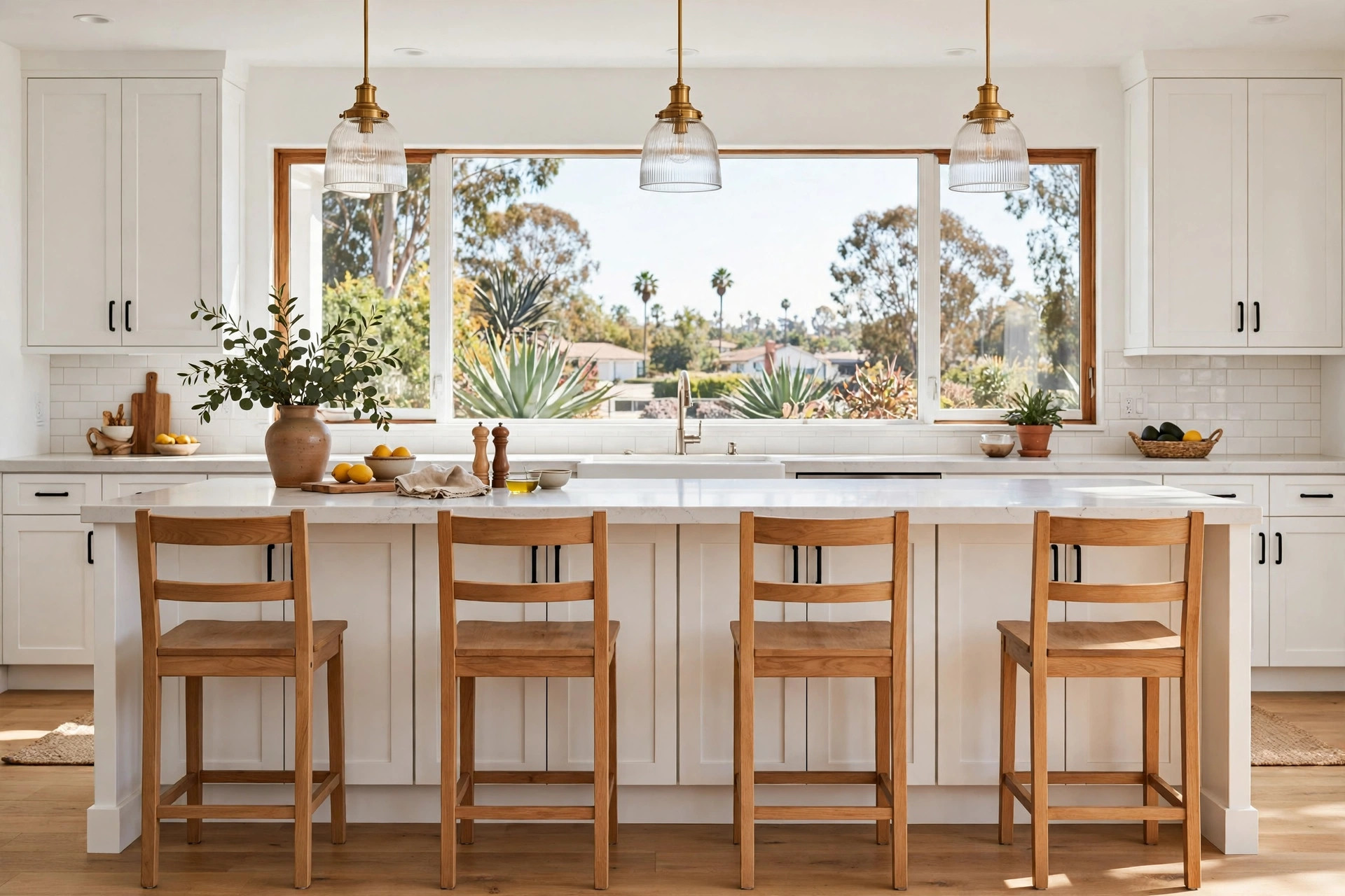 kitchen island seating california homes usa: Kitchen island with counter stools and a quartz top in a California home