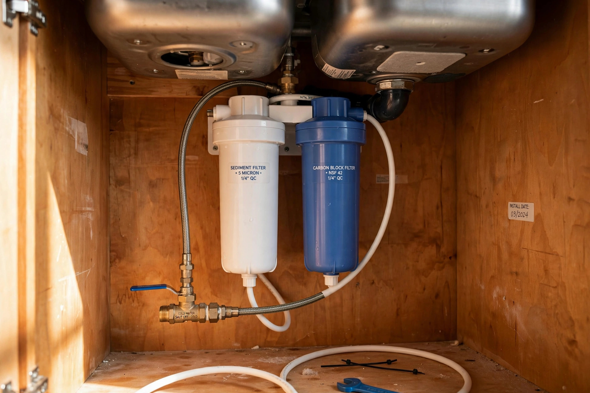 under sink filters california homes usa: Under sink water filter system installed beneath a kitchen sink in a California home