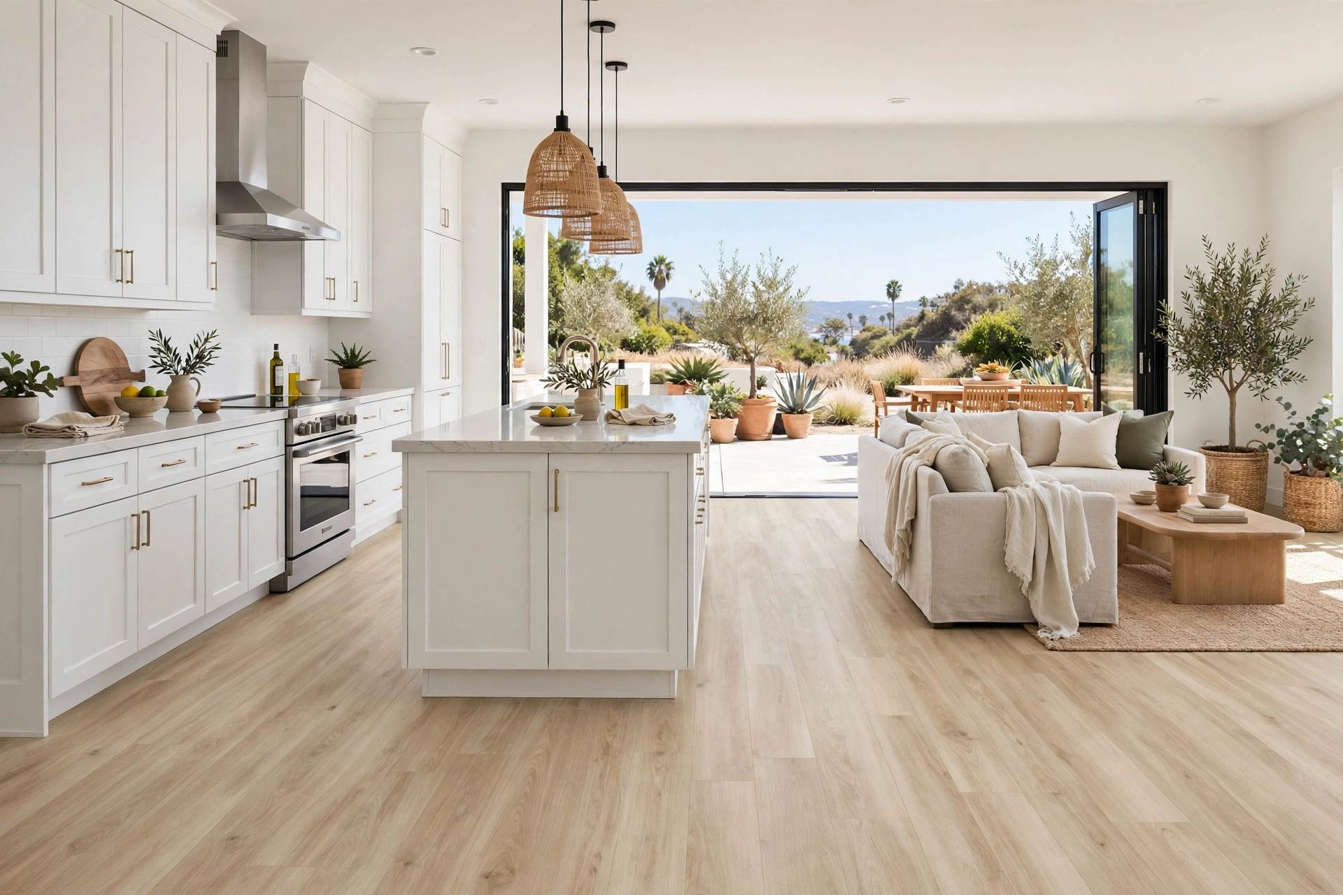 vinyl plank flooring california homes usa: Vinyl plank flooring installed in a bright California home kitchen