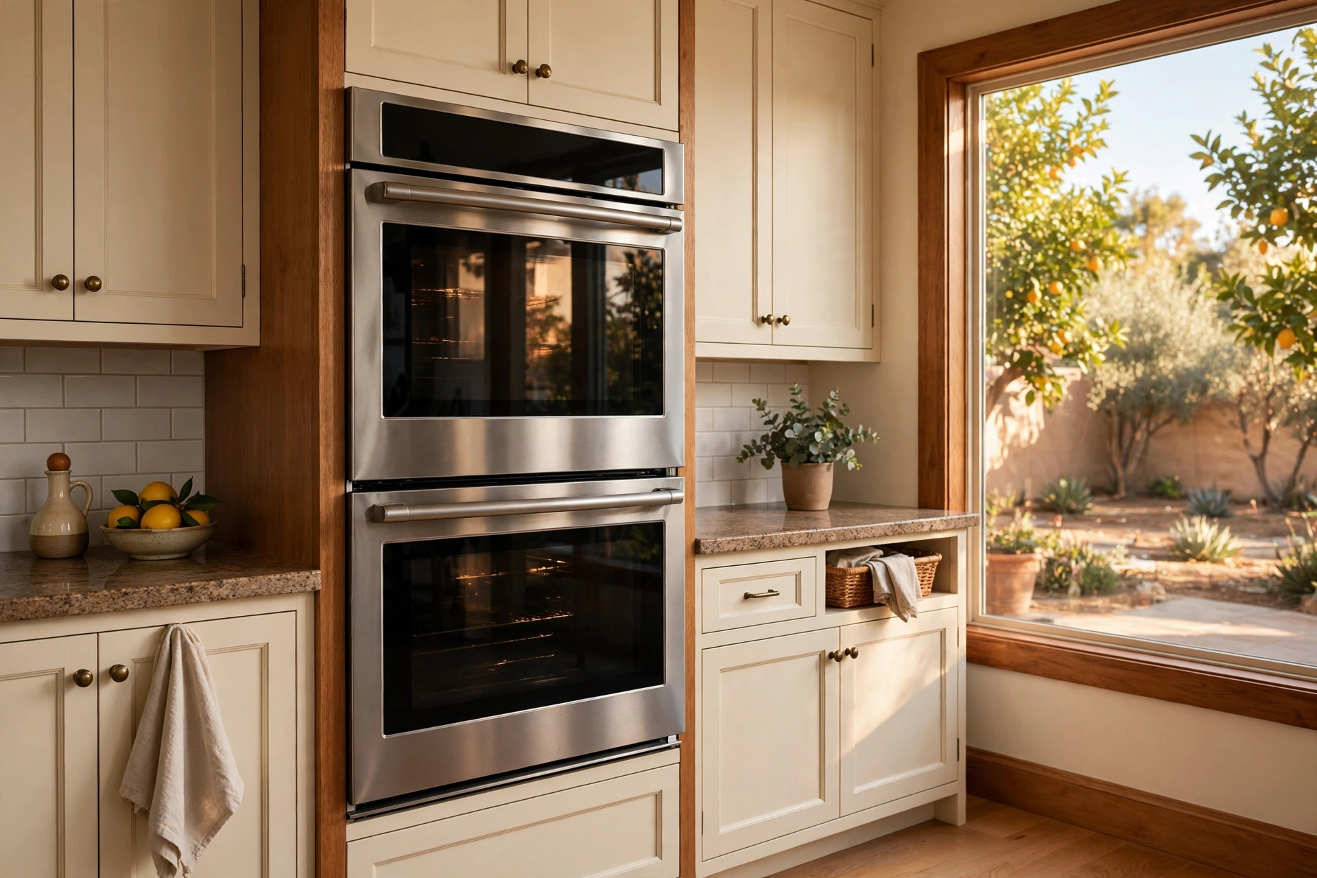 double wall ovens california homes usa: Two stacked stainless steel double wall ovens in a California home kitchen