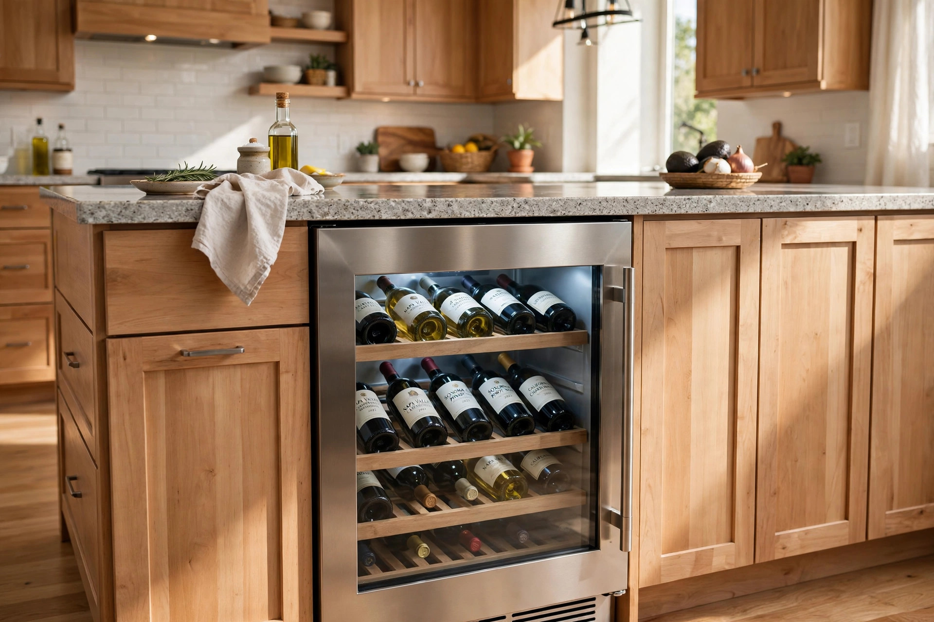 under counter wine fridges california homes usa: Under counter wine fridge built into a kitchen island in a California home