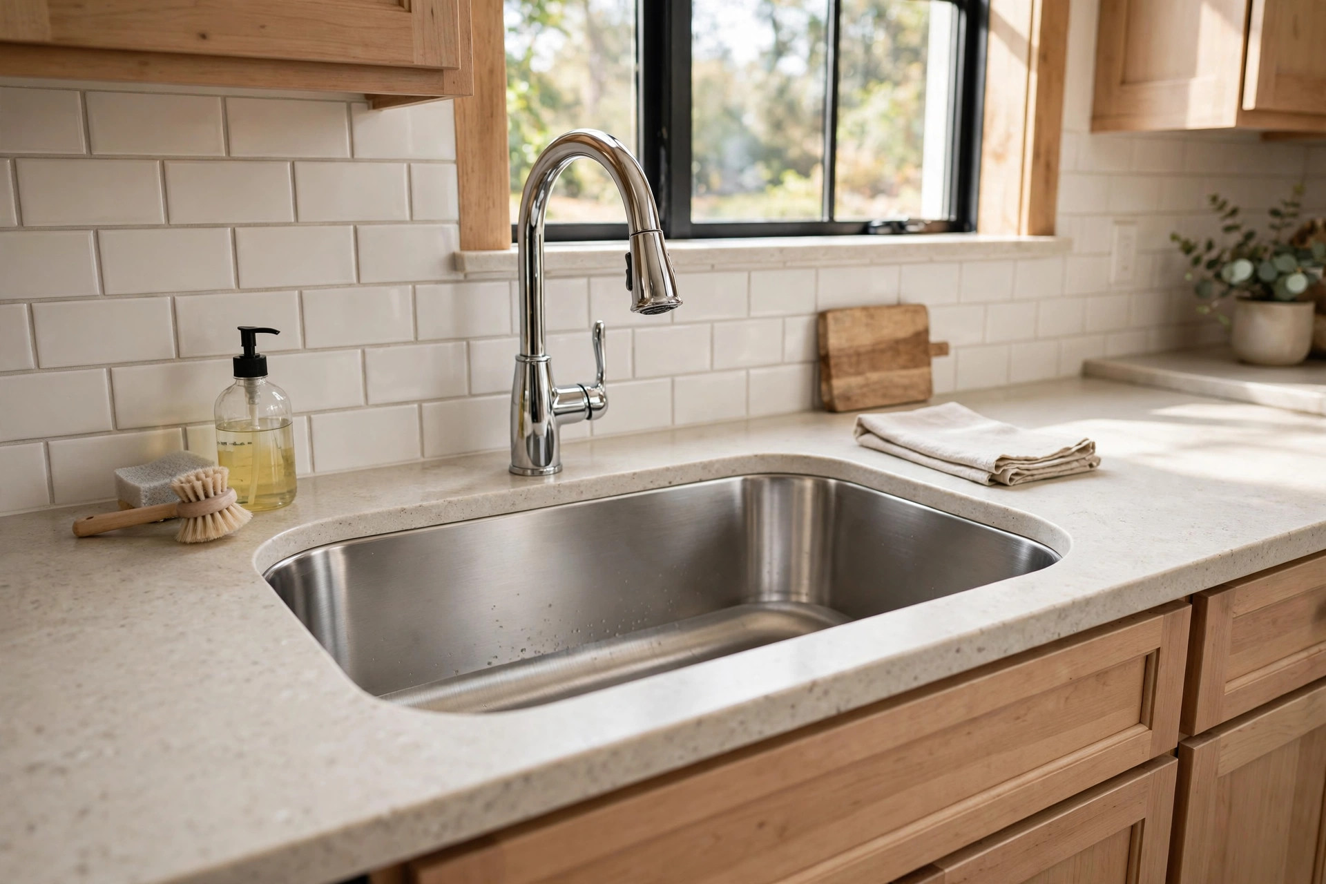 undermount stainless sinks american homes guide: Undermount stainless sink installed in a modern American kitchen