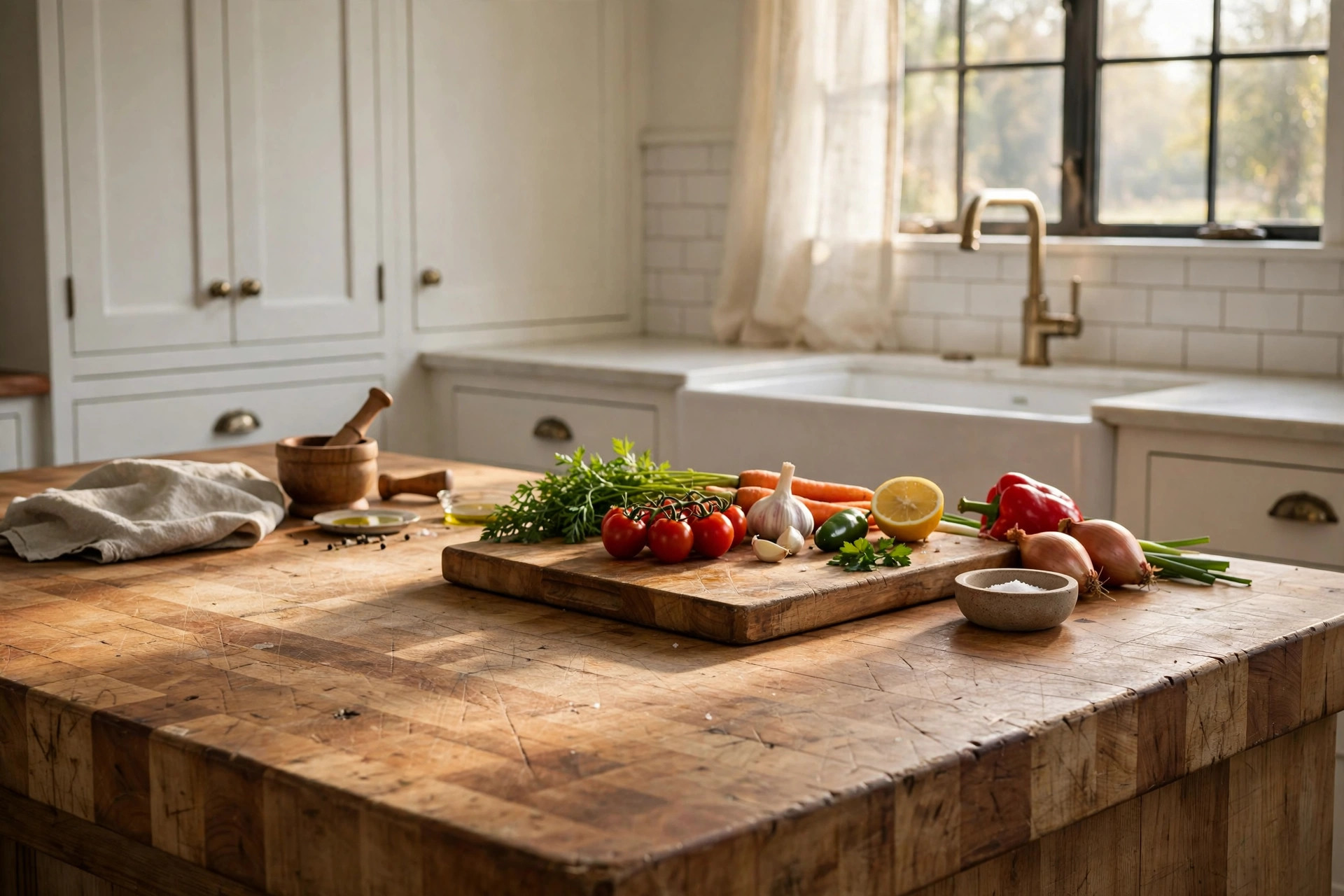 Butcher block countertops in an American kitchen, with the butcher block countertops american homes guide showing a maple work surface