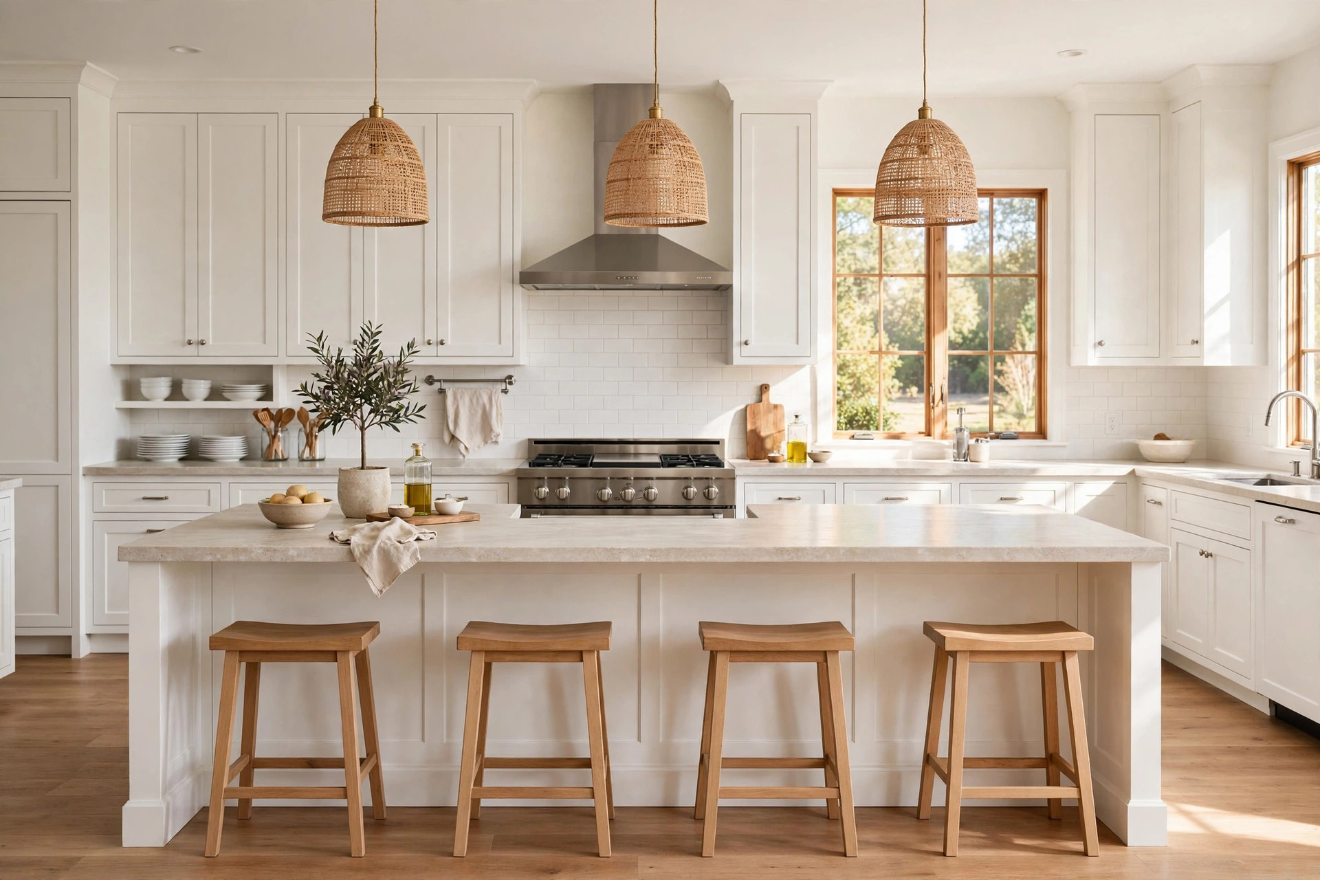 kitchen island seating american homes guide: A kitchen island with seating in an American home