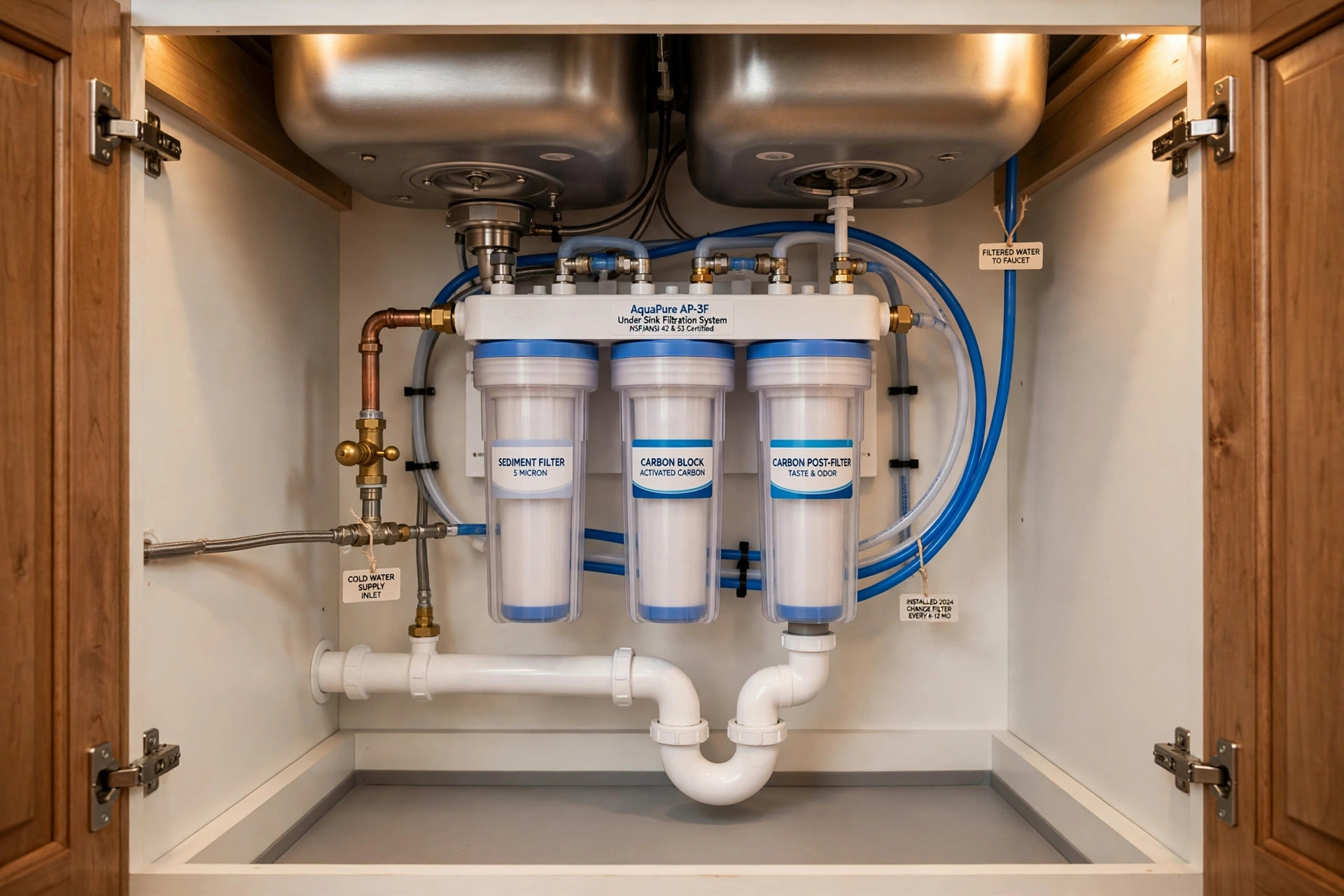 under sink filters american homes guide: Under sink filters installed in an American home kitchen cabinet