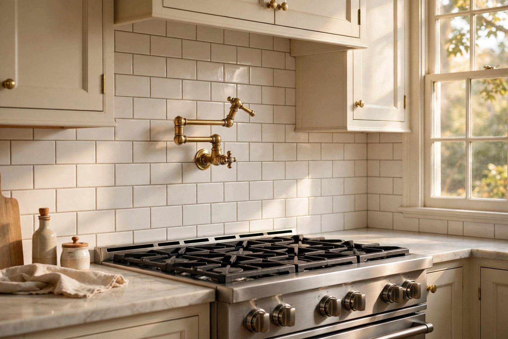 pot filler faucets american homes guide: Pot filler faucet mounted over a stove in an American kitchen