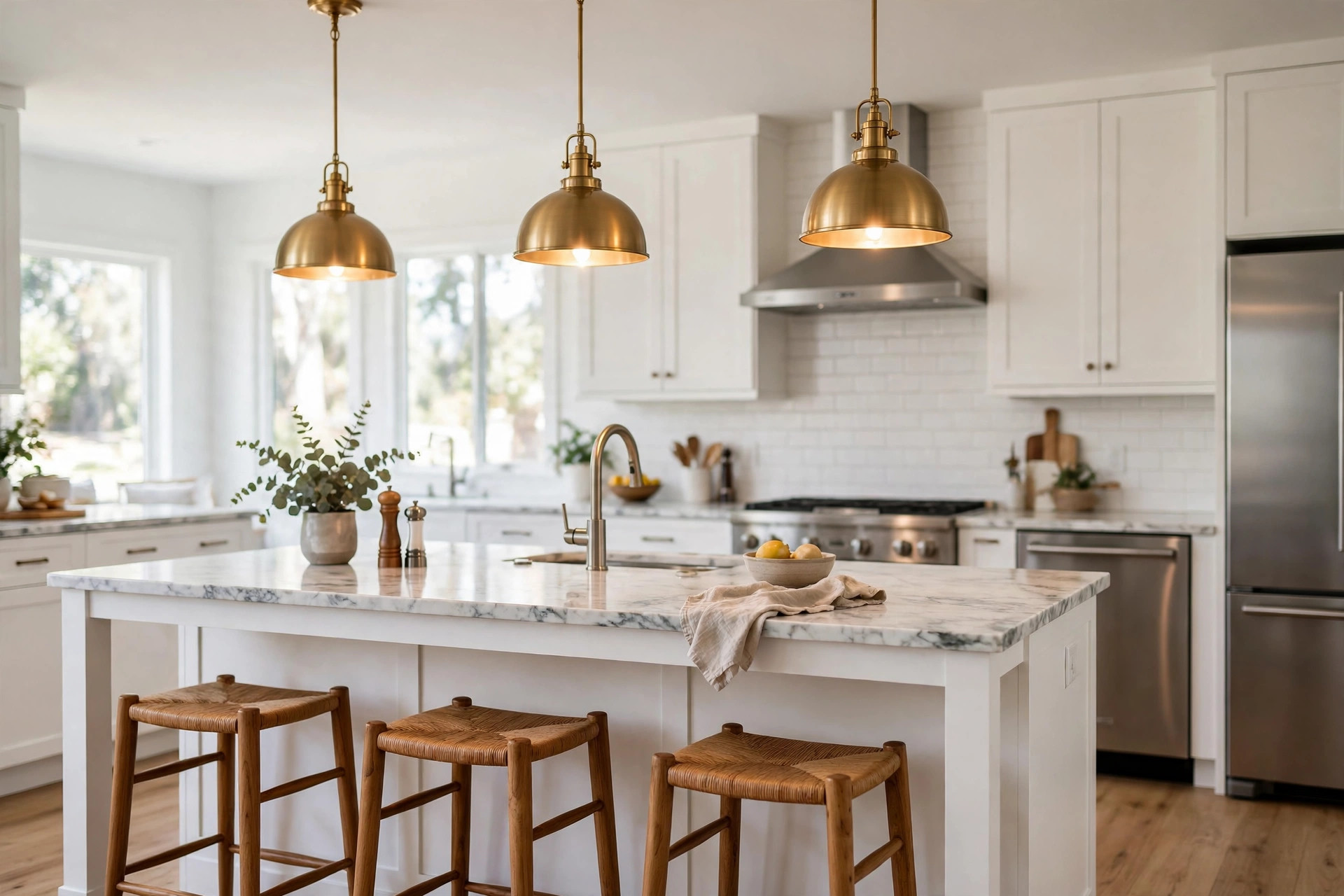 kitchen island hanging lights american homes guide: Three brass pendant lights hanging over a kitchen island in an American home