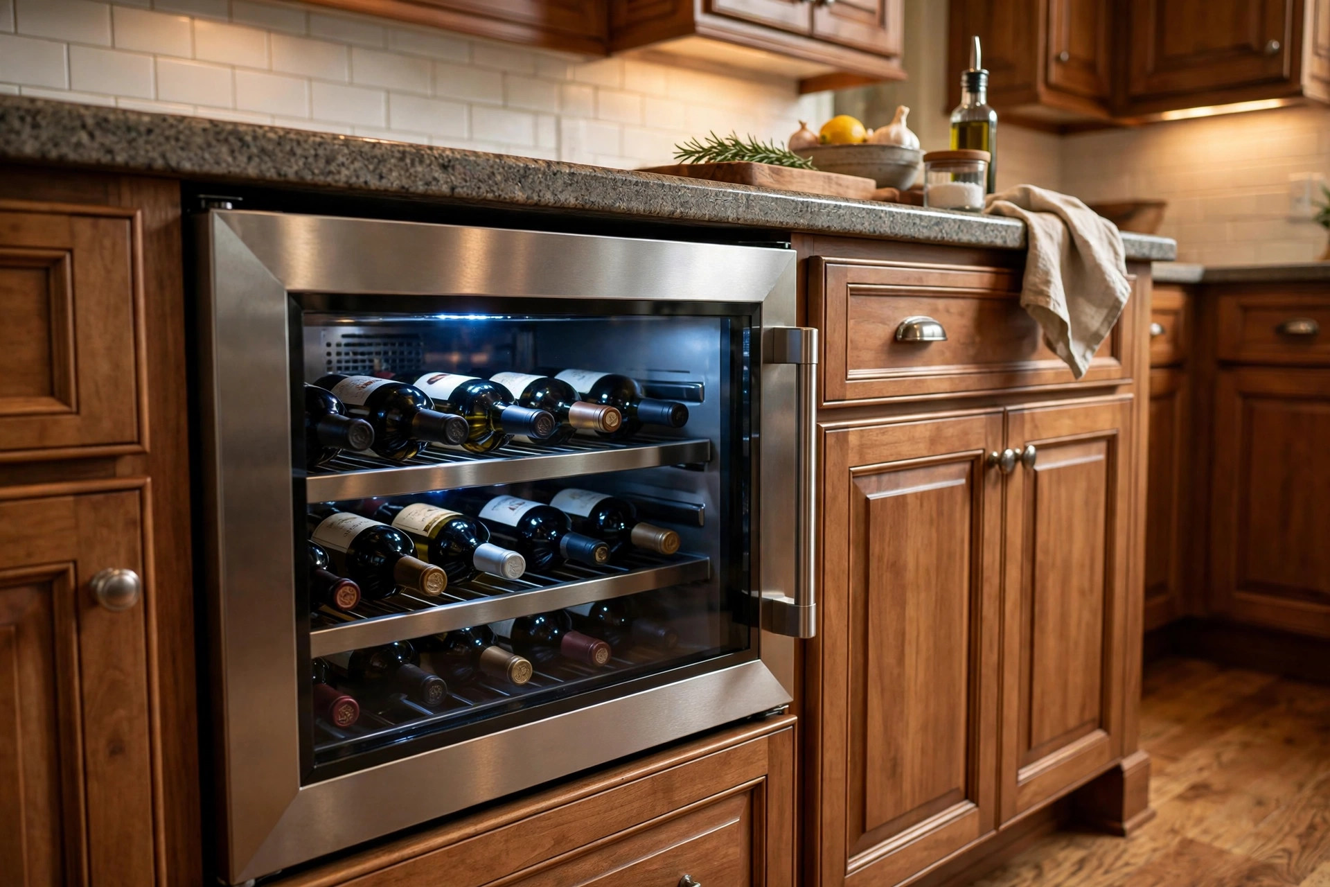 under counter wine fridges american homes guide: Under counter wine fridge built into a kitchen cabinet