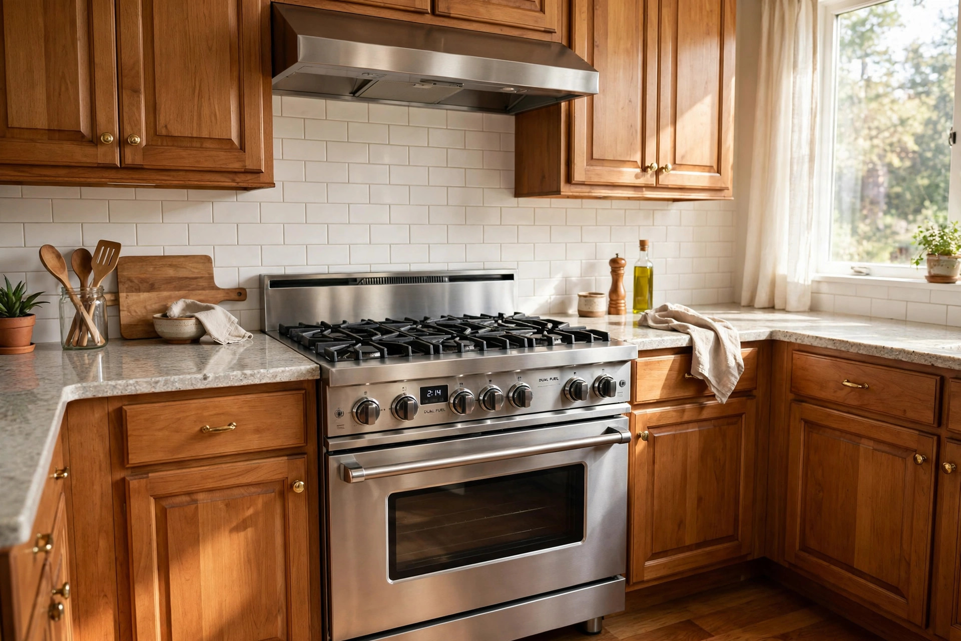 dual fuel ranges american homes guide: Stainless dual fuel range in an American home kitchen