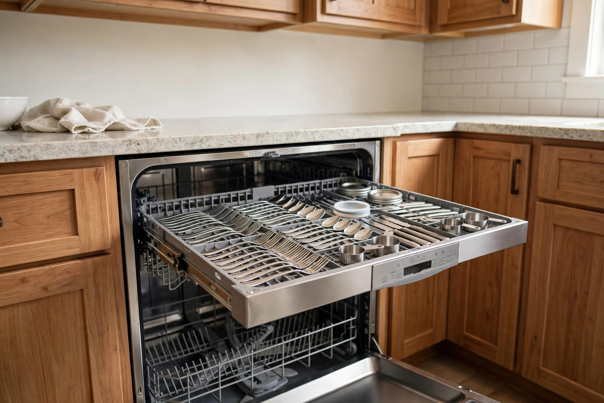 dishwasher third rack usa online deals: A dishwasher third rack with utensils and small bowls in a modern American kitchen