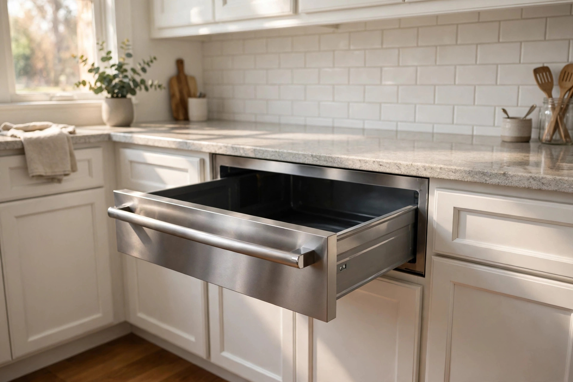 microwave drawer units usa online deals: Microwave drawer unit installed under a kitchen counter in an American home kitchen